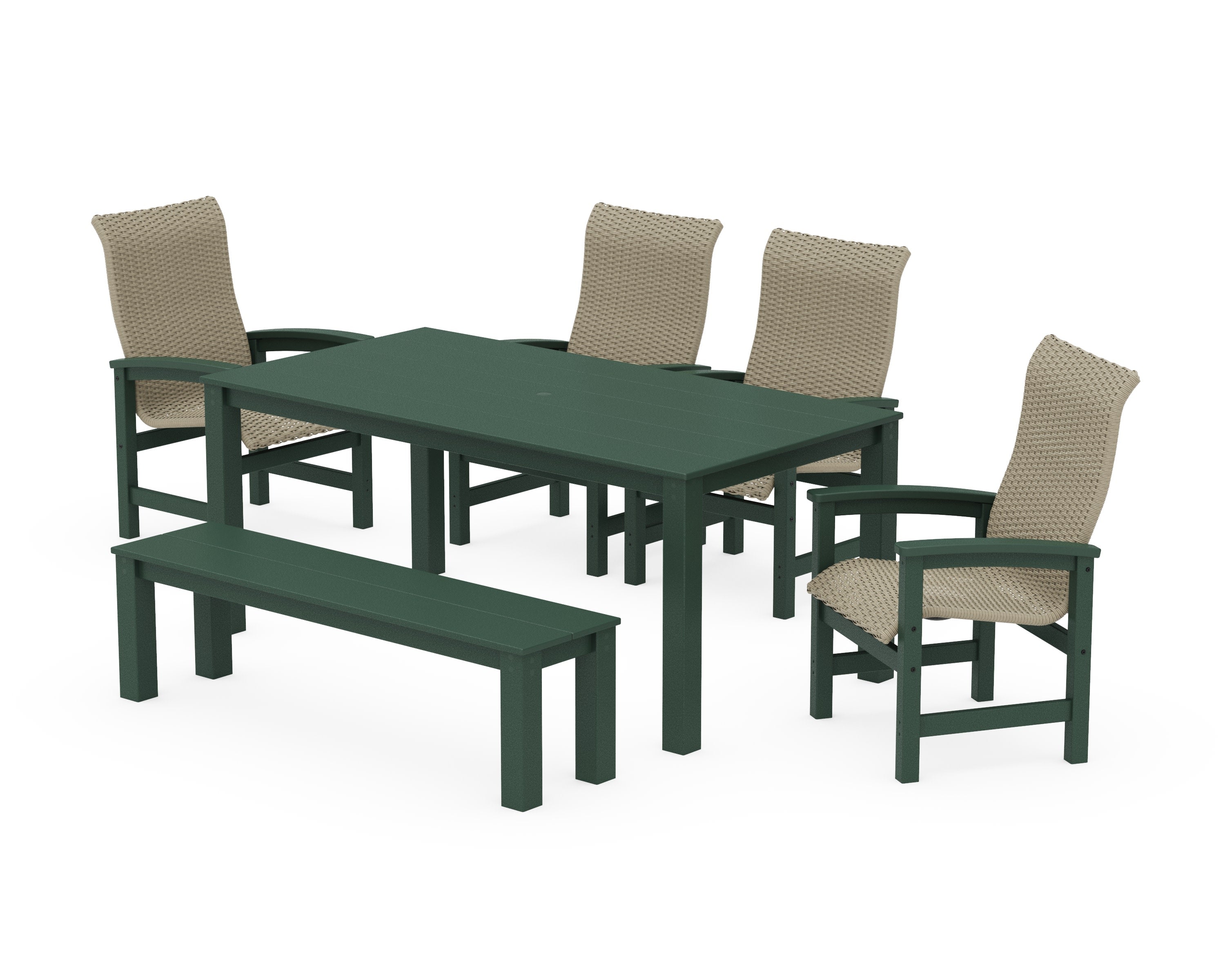 Coastal Woven High-Back 6-Piece Parsons Dining Set with Bench in Green / Dune Grass