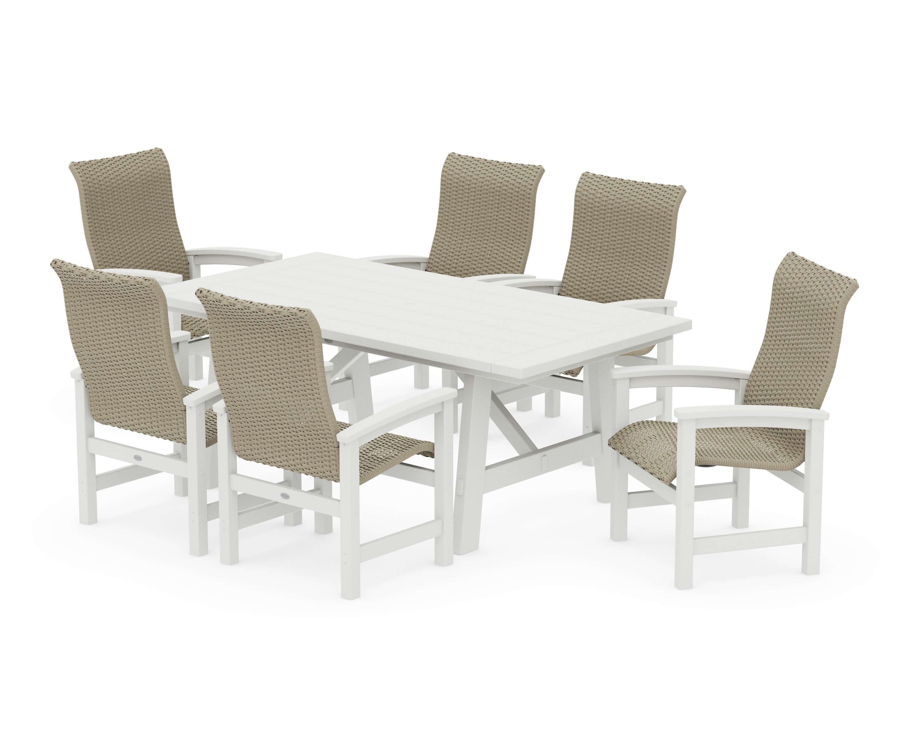 Coastal Woven High-Back Arm Chair 7-Piece Rustic Farmhouse Dining Set in Vintage White / Dune Grass