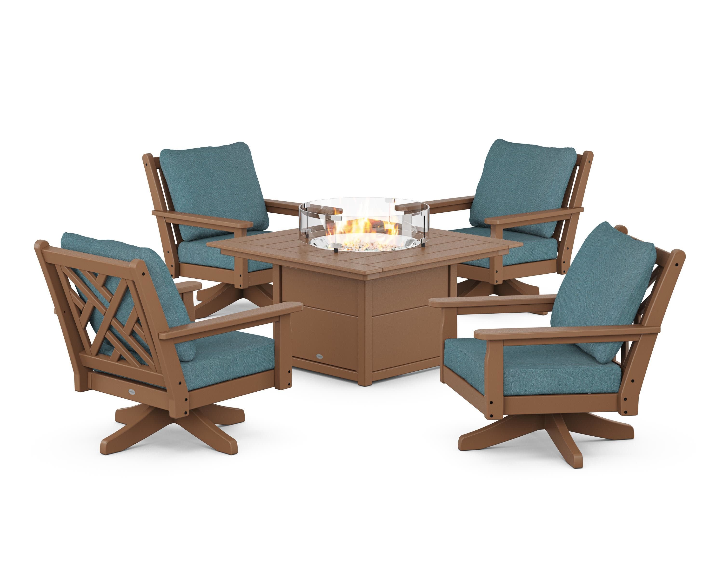 Chippendale 5-Piece Deep Seating Swivel Conversation Set with Fire Pit Table in Teak / Ocean Teal