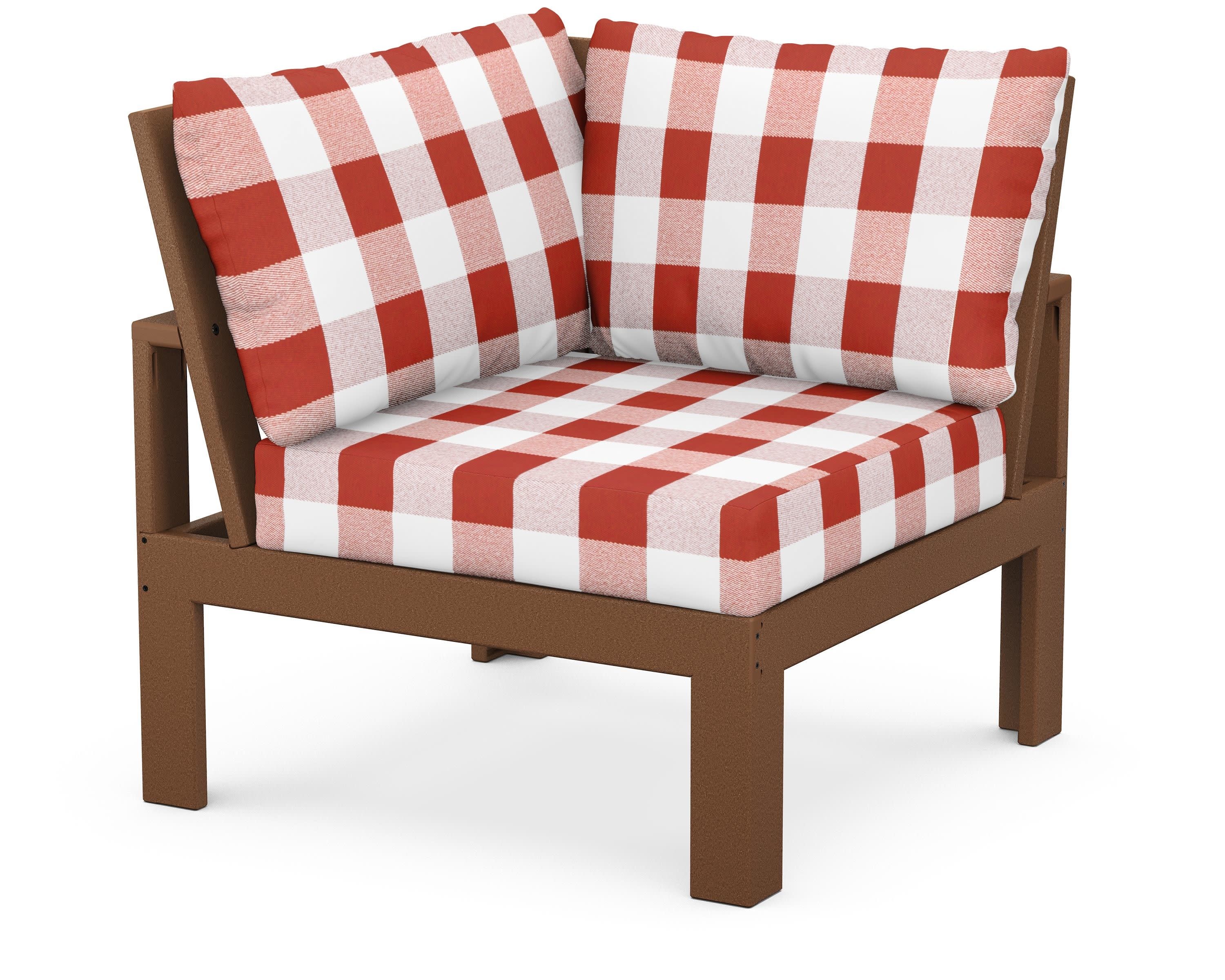 Modular Corner Chair in Teak / Buffalo Plaid Crimson