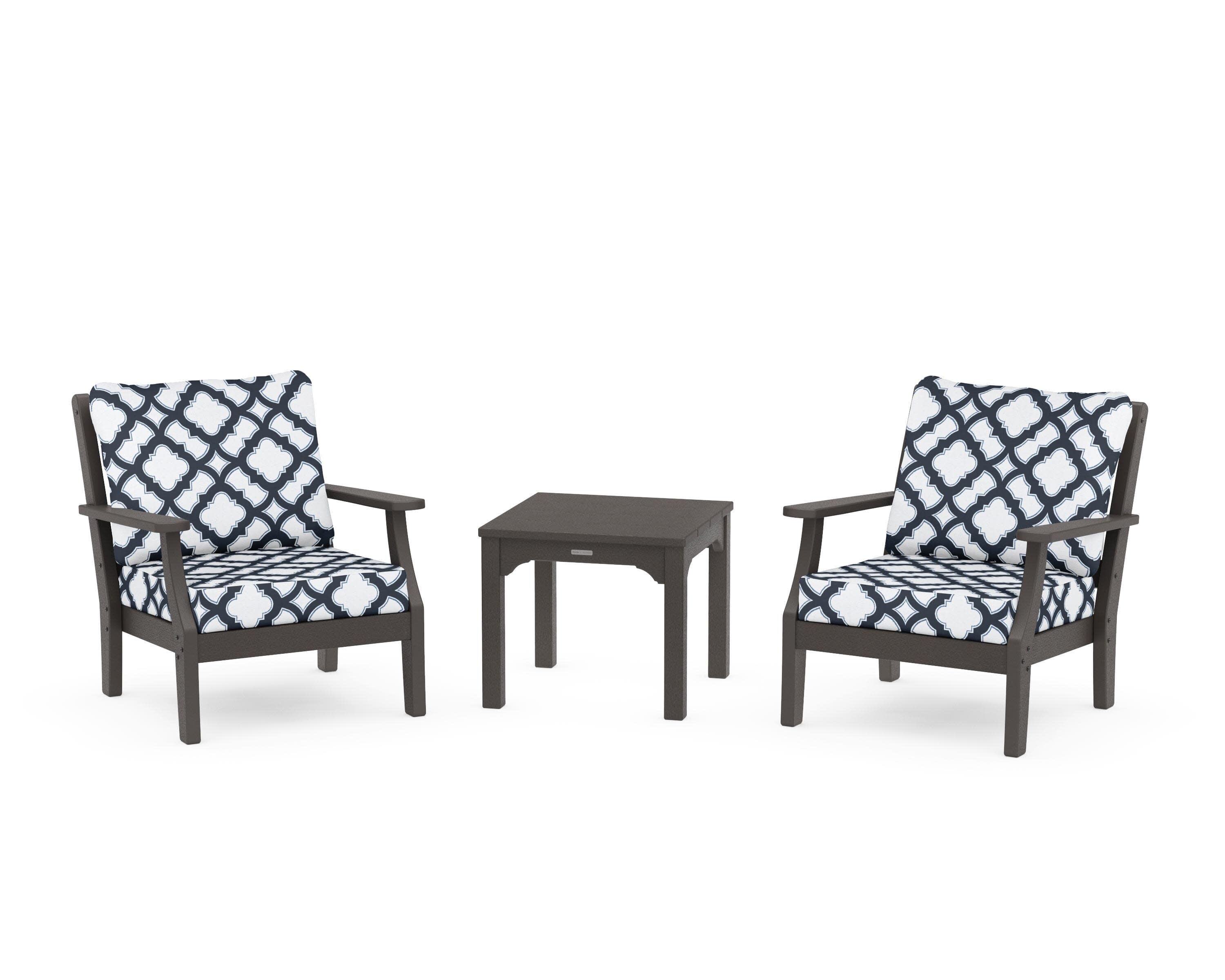Chinoiserie 3-Piece Deep Seating Set in Vintage Coffee / Trellis Marine Indigo