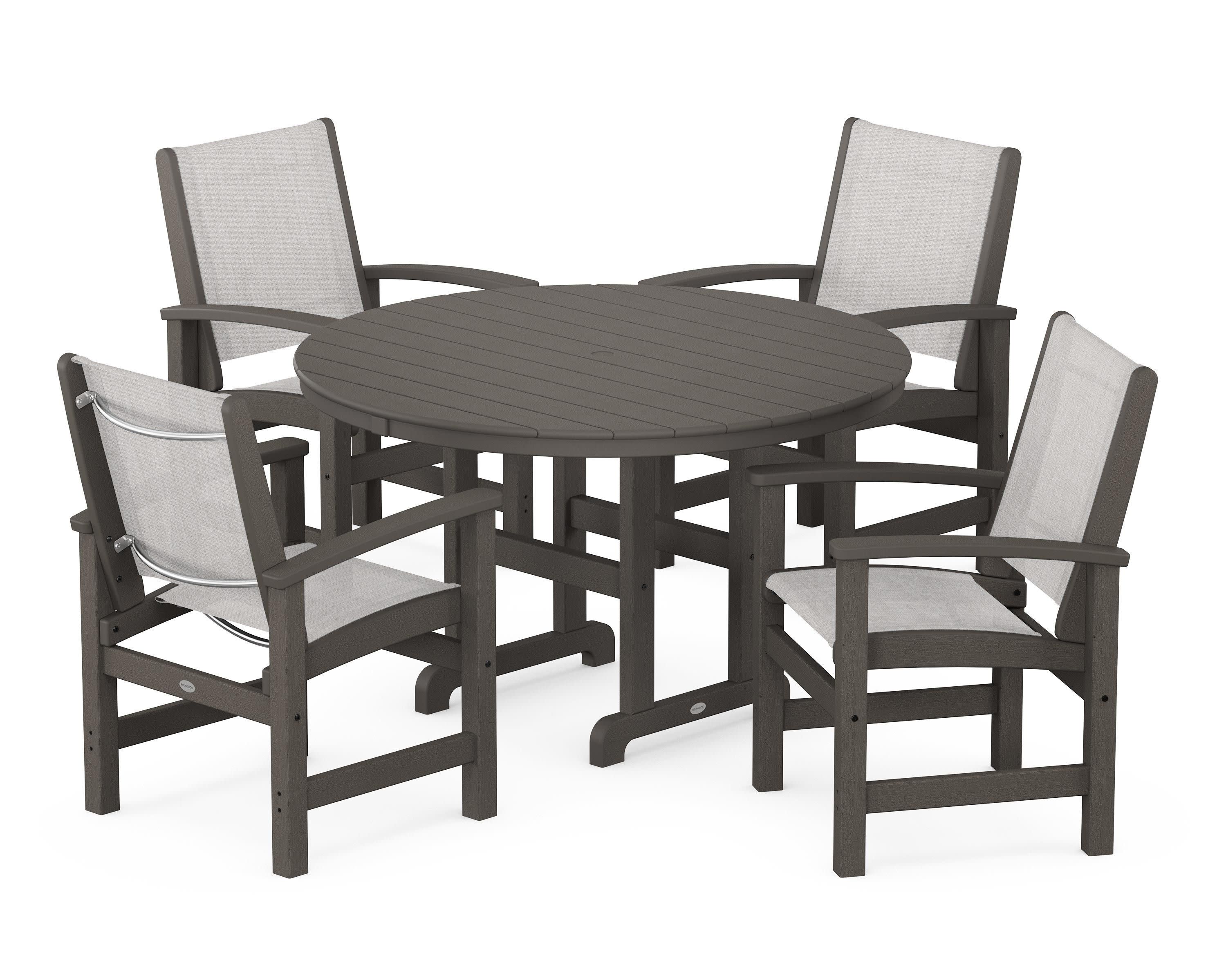 Coastal 5-Piece Round Farmhouse Dining Set in Vintage Coffee / Parchment Sling