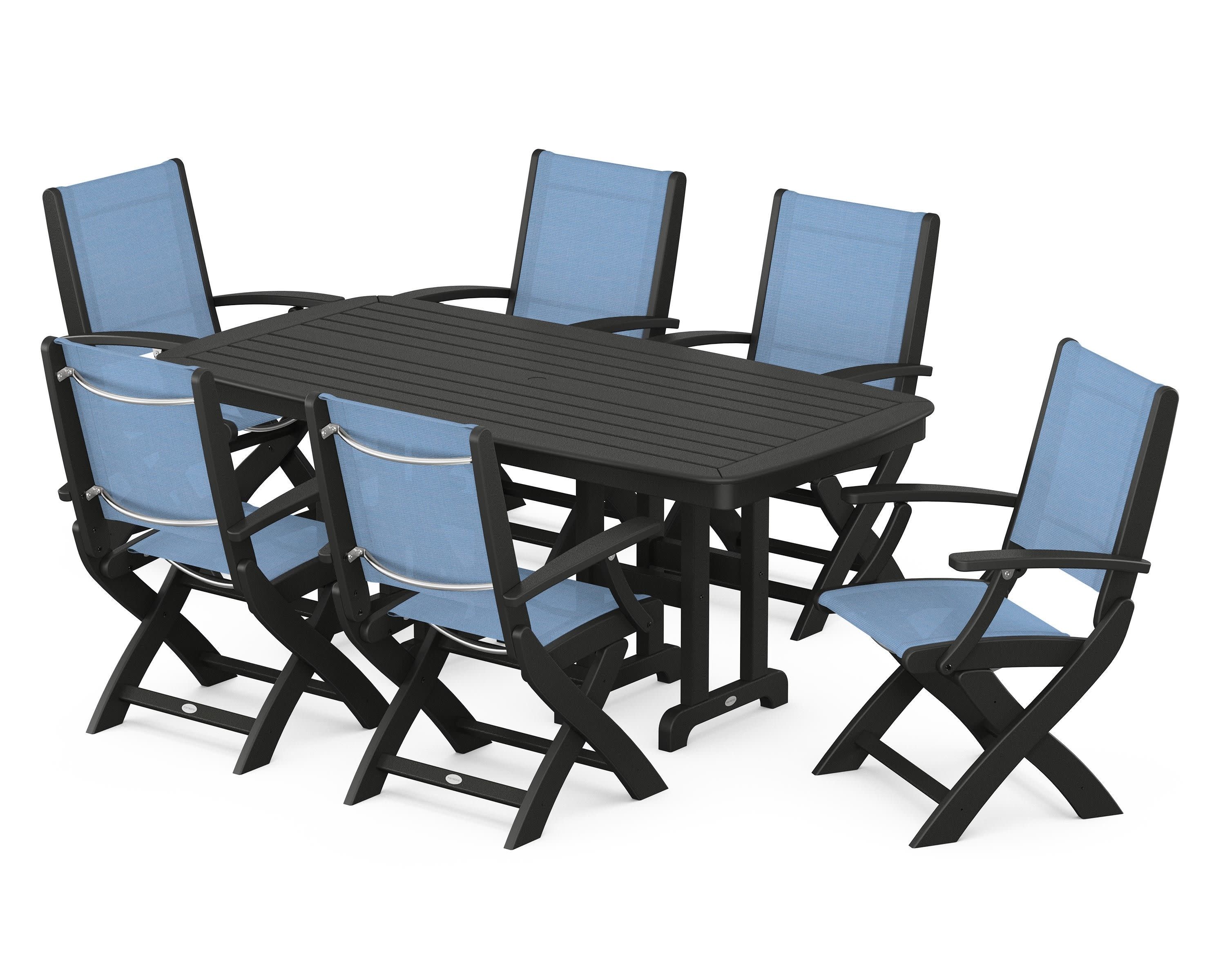 Coastal Folding Arm Chair 7-Piece Dining Set in Black / Poolside Sling
