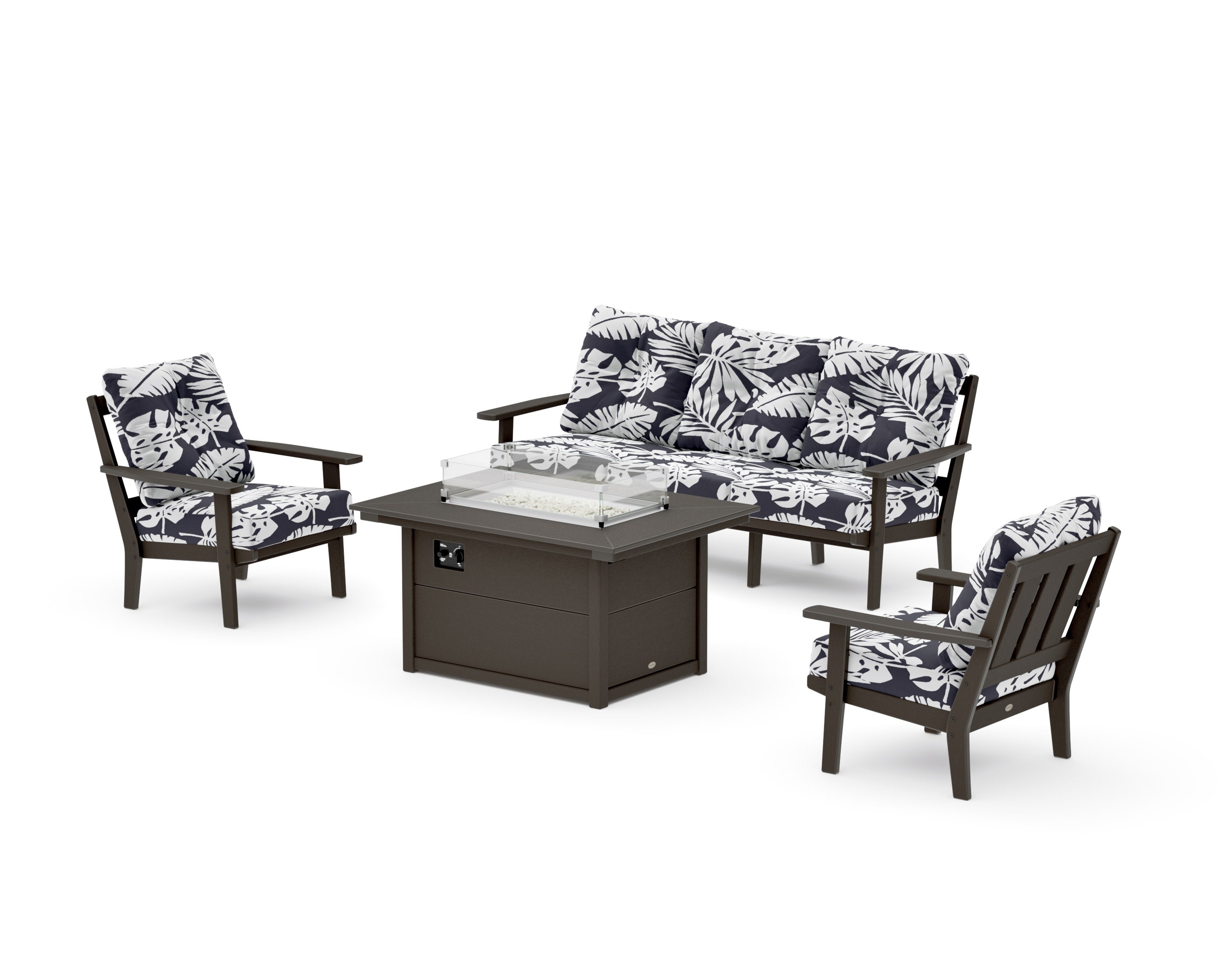 Oxford Deep Seating Fire Pit Table Set in Vintage Coffee / Leaf Navy