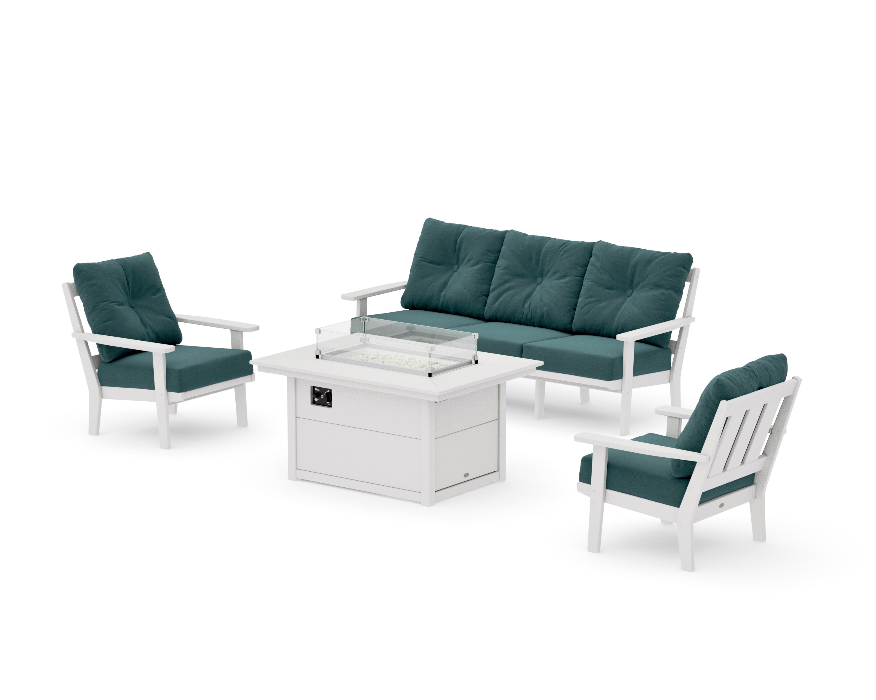 Oxford Deep Seating Fire Pit Table Set in Vintage White / Ocean Teal