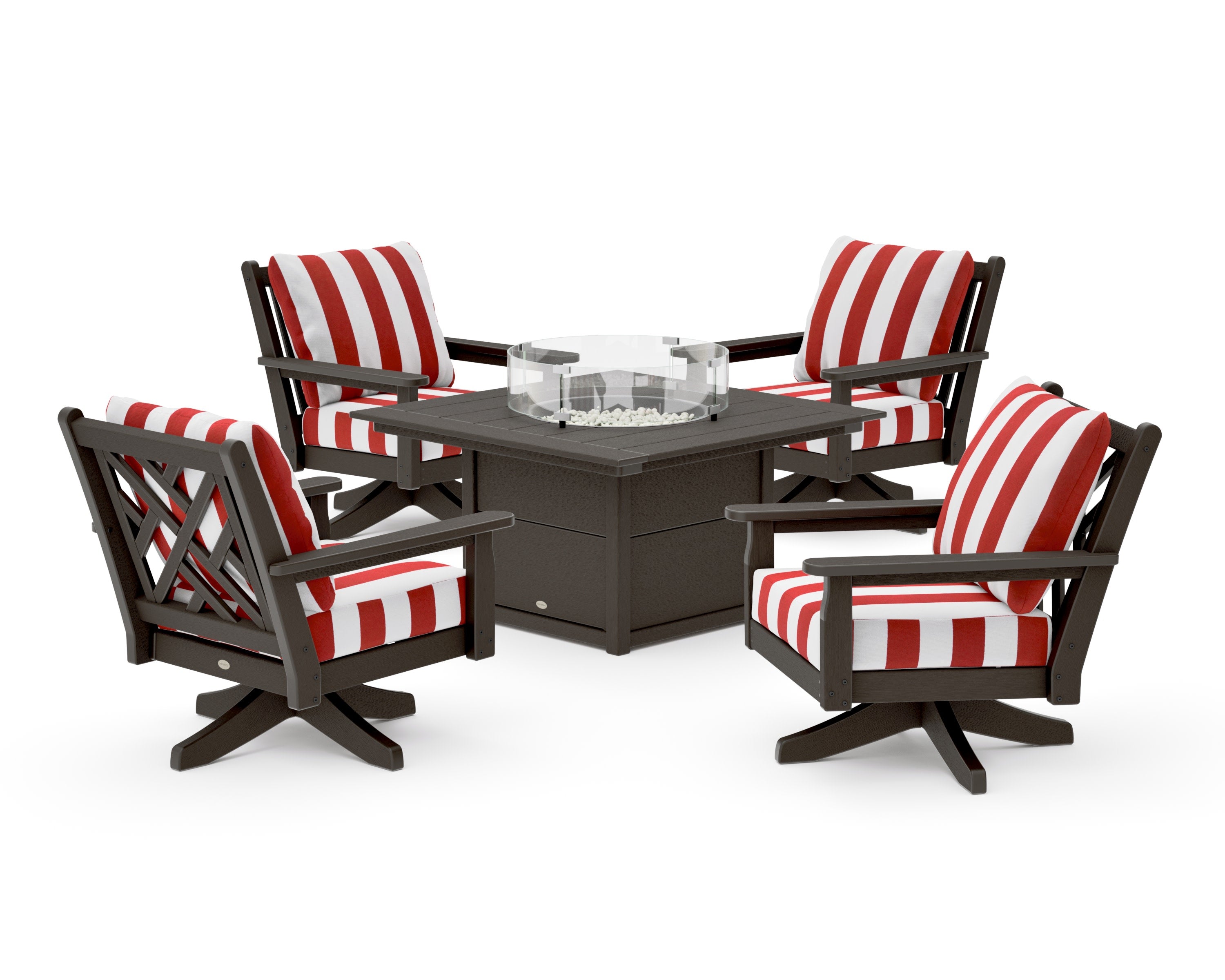 Chippendale 5-Piece Deep Seating Swivel Conversation Set with Fire Pit Table in Vintage Coffee / Cabana Stripe Crimson
