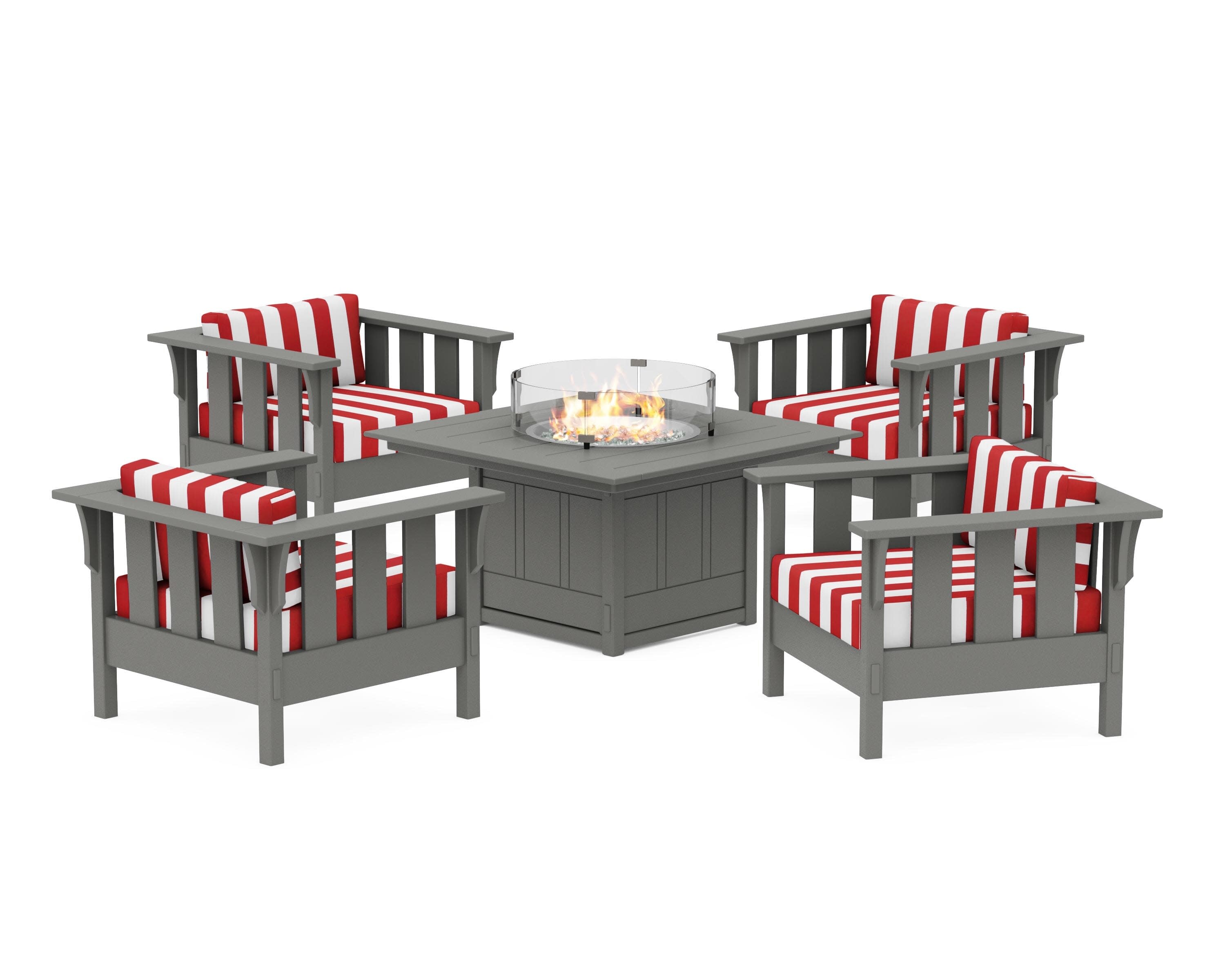 Acadia 5-Piece Deep Seating Set with Fire Pit Table in Slate Grey / Cabana Stripe Crimson