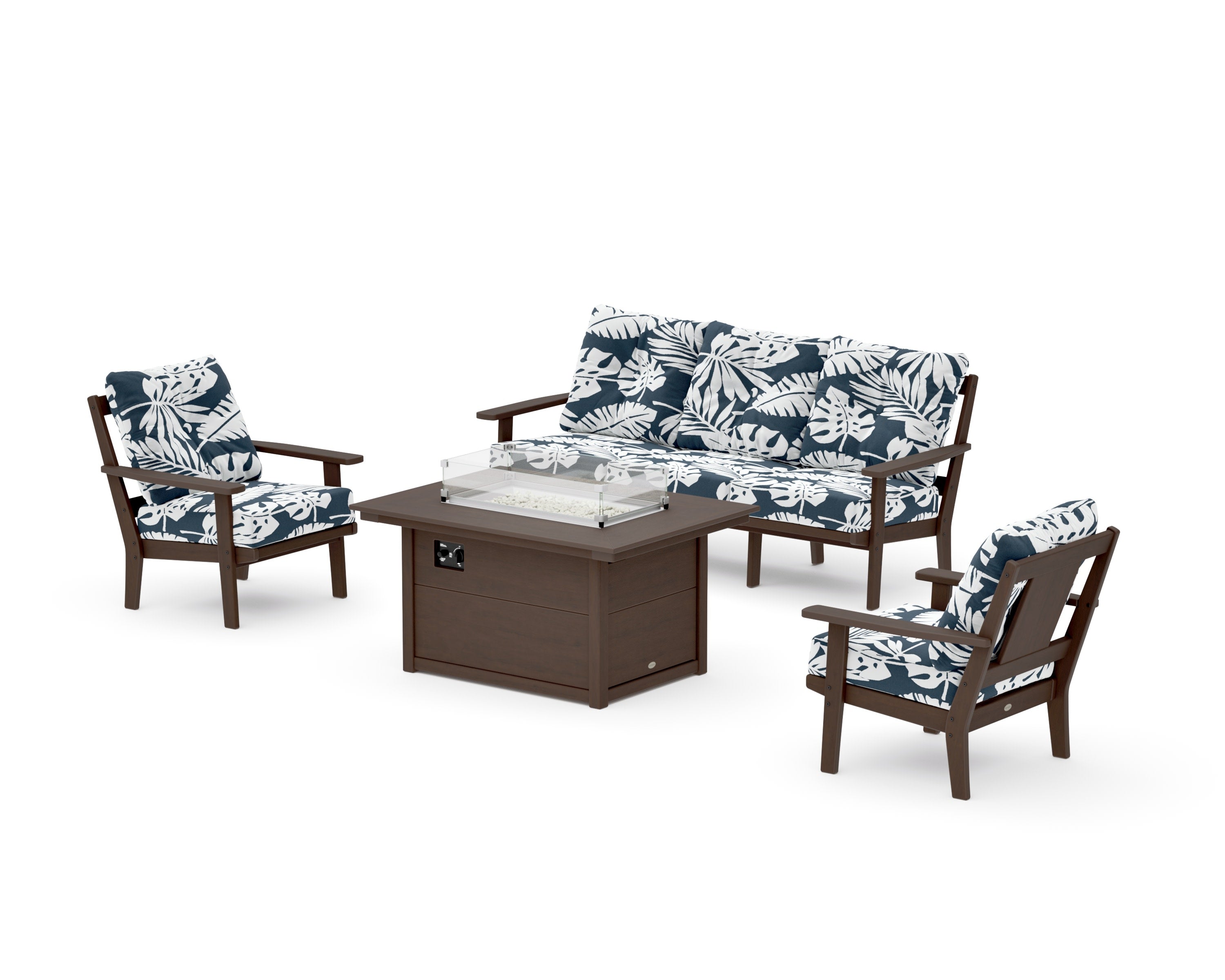 Prairie Deep Seating Fire Pit Table Set in Kona / Leaf Marine Indigo