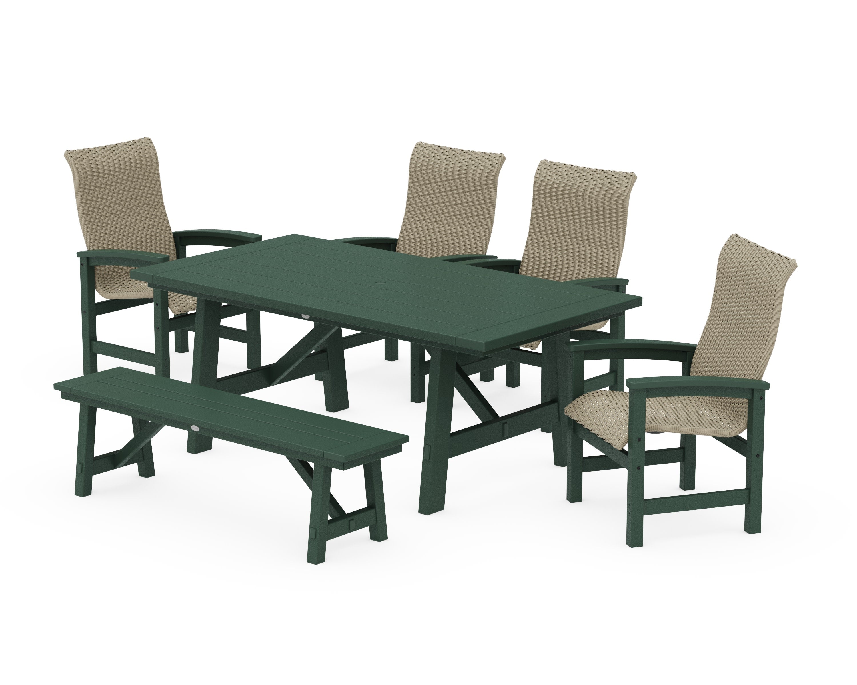 Coastal Woven High-Back 6-Piece Rustic Farmhouse Dining Set with Bench in Green / Dune Grass