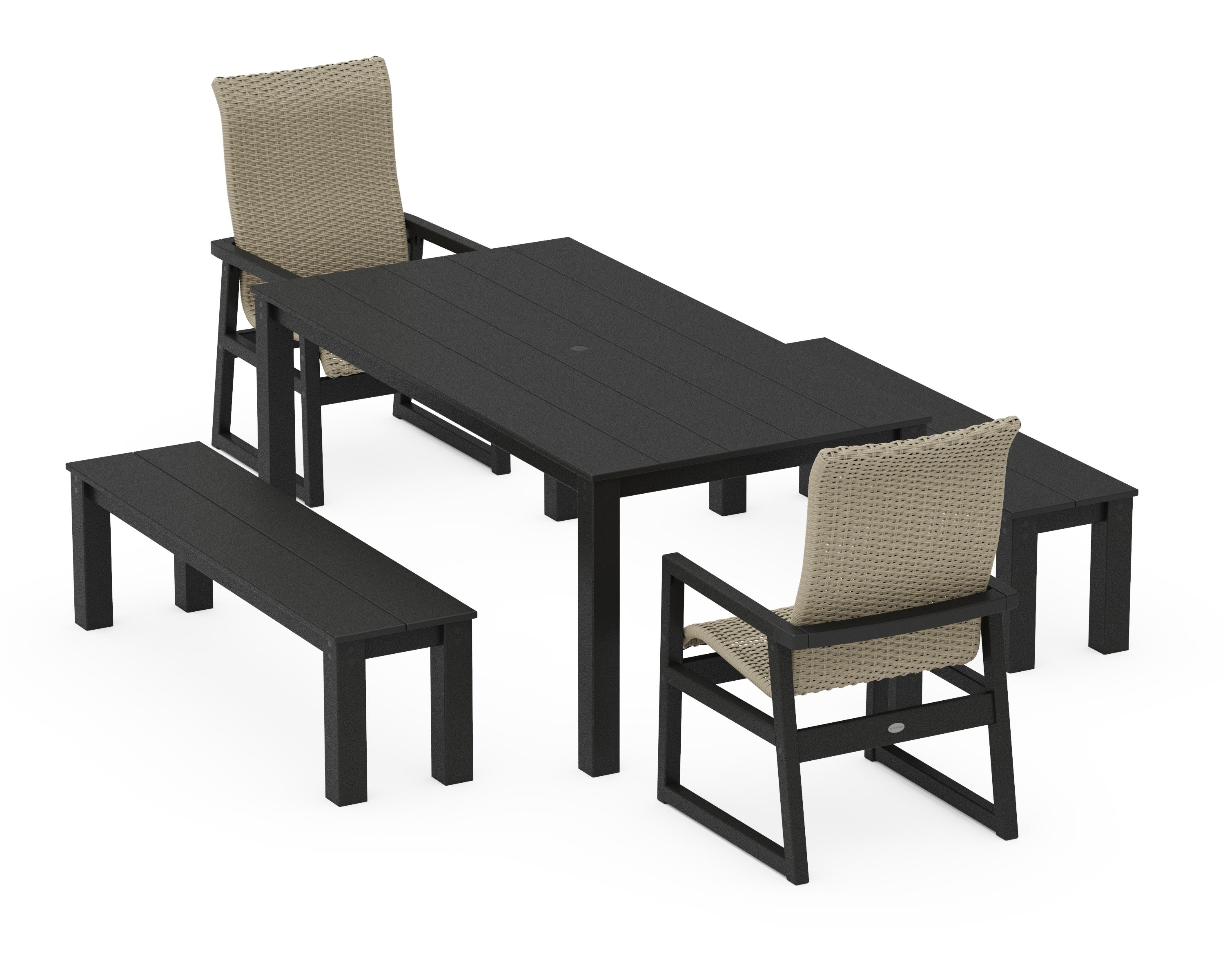EDGE Woven Highback 5-Piece Parsons Dining Set with Benches in Black / Dune Grass