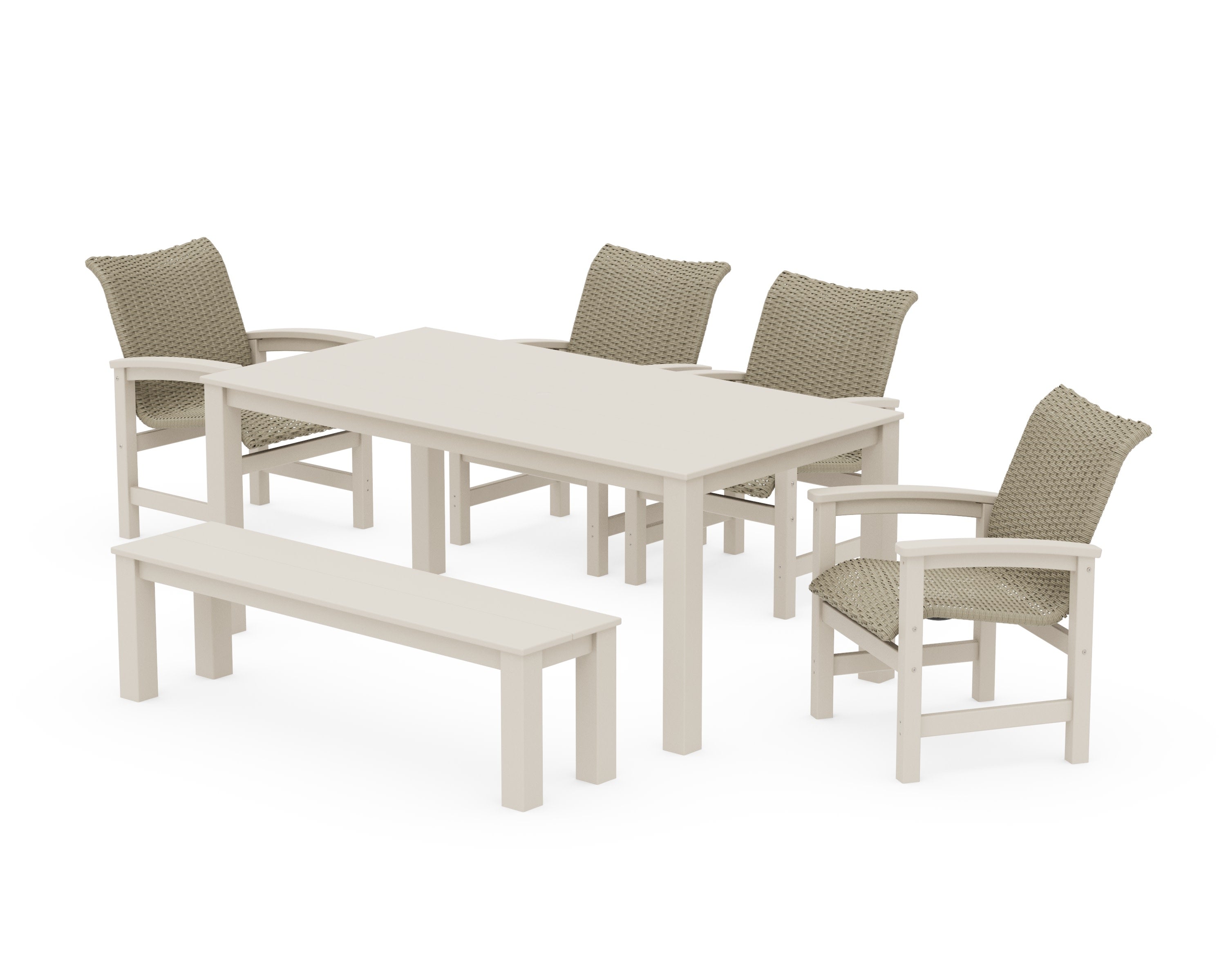 Coastal Woven 6-Piece Parsons Dining Set with Bench in Sand / Dune Grass