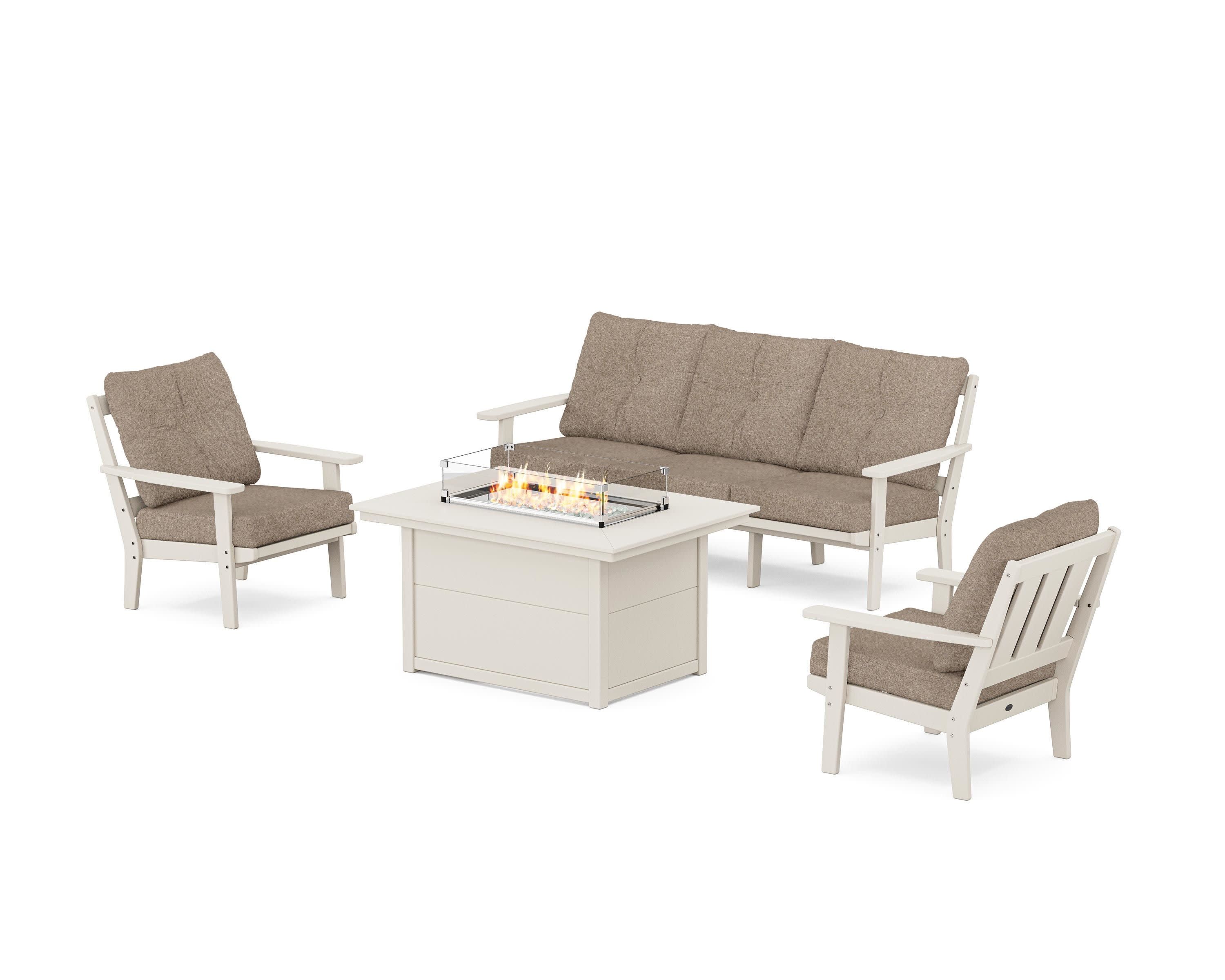 Oxford Deep Seating Fire Pit Table Set in Sand / Spiced Burlap