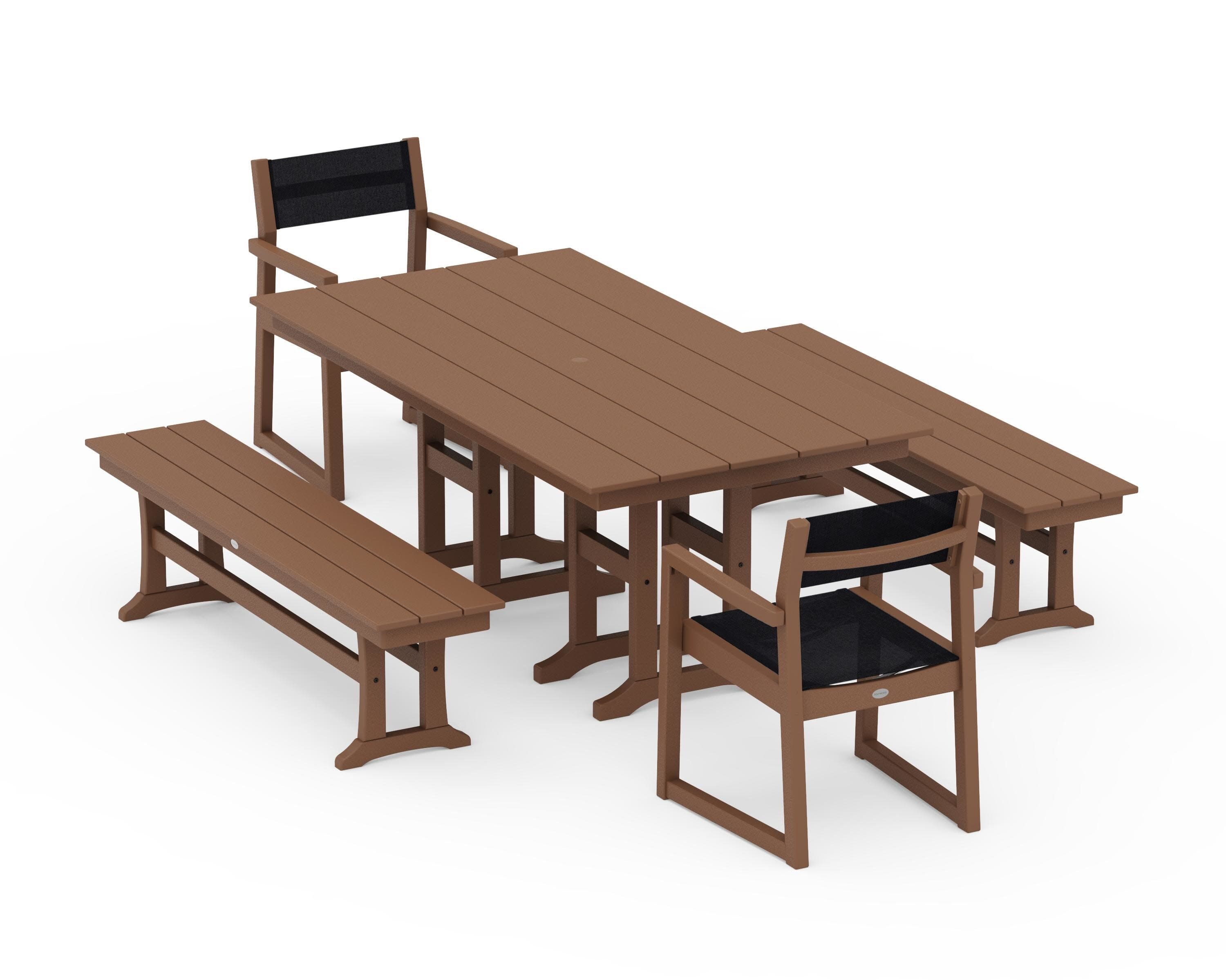 EDGE Sling Arm Chair 5-Piece Farmhouse Dining Set with Benches in Teak / Black Sling