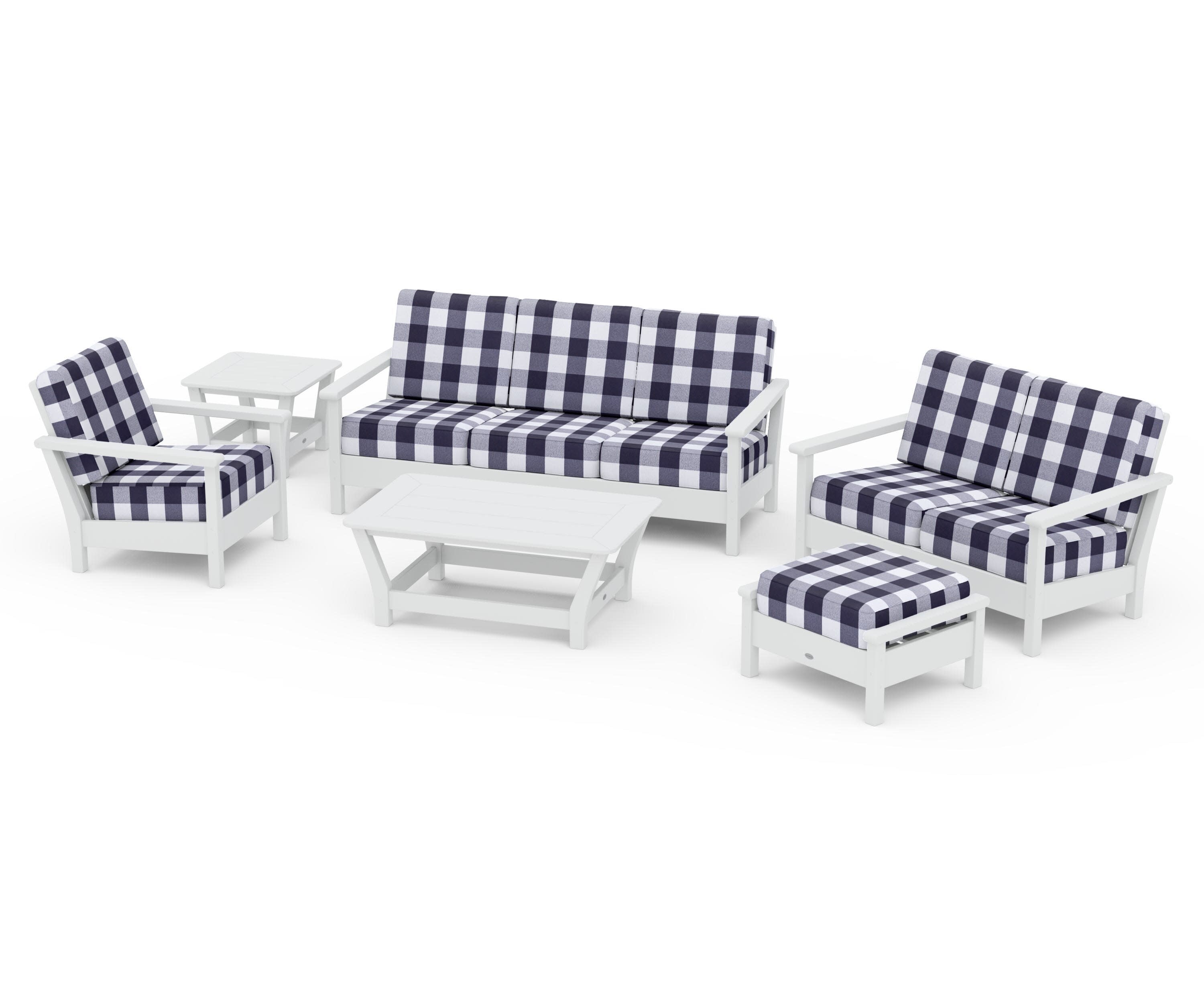 Harbour 6-Piece Outdoor Living Set in White / Buffalo Plaid Navy