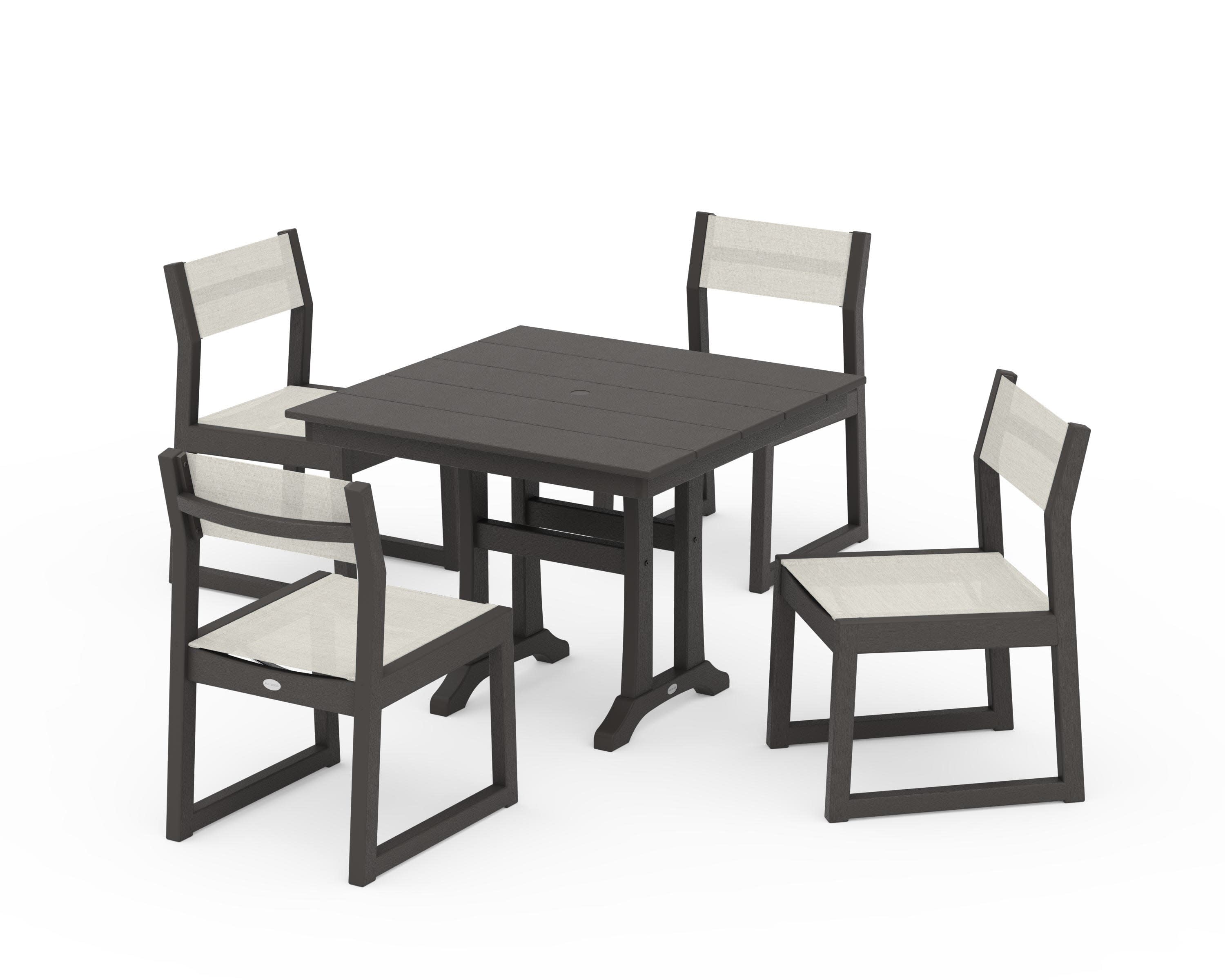 EDGE Sling 5-Piece Farmhouse Trestle Side Chair Dining Set in Vintage Coffee / Parchment Sling