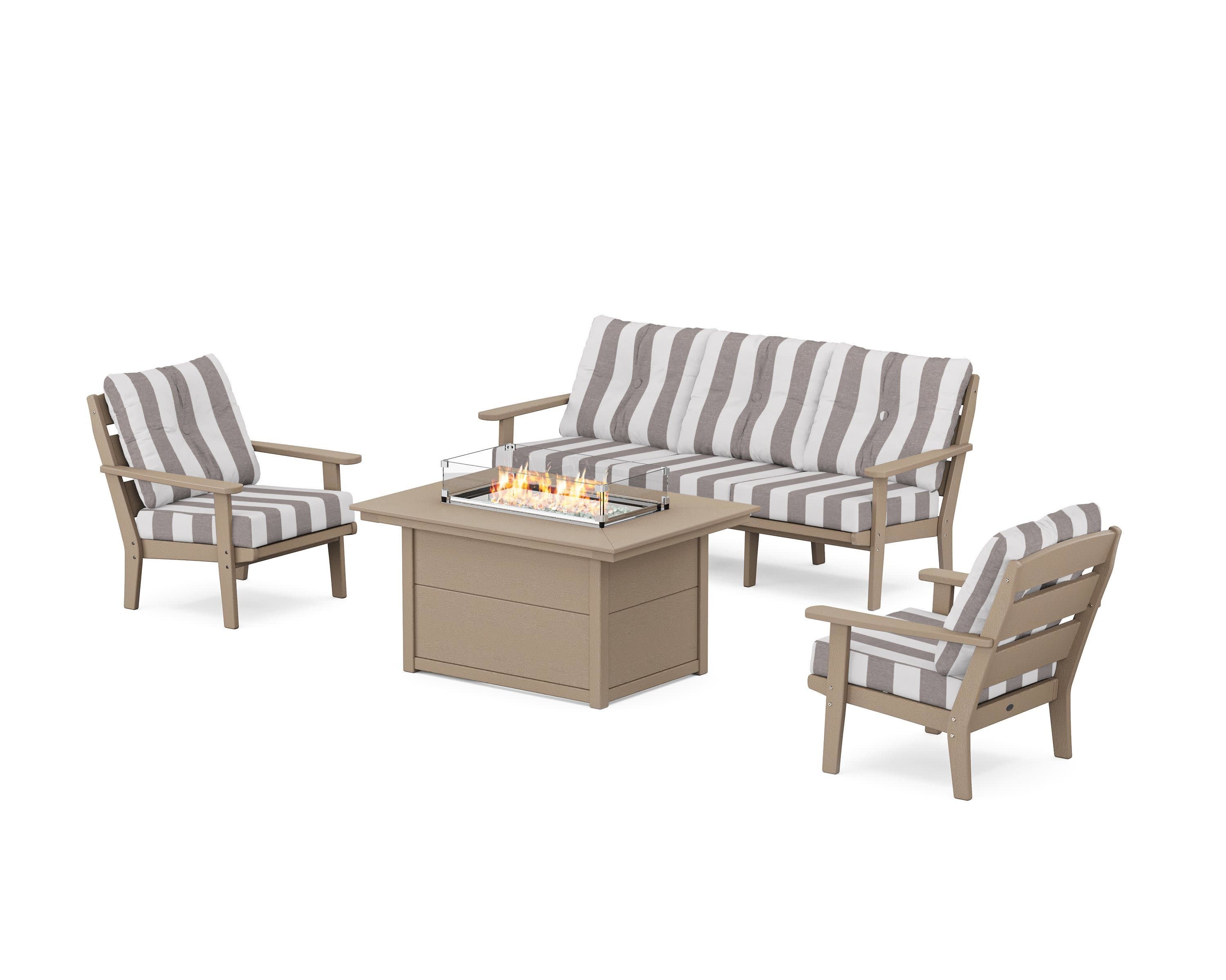 Lakeside Deep Seating Fire Pit Table Set in Vintage Sahara / Cabana Stripe Grey Mist