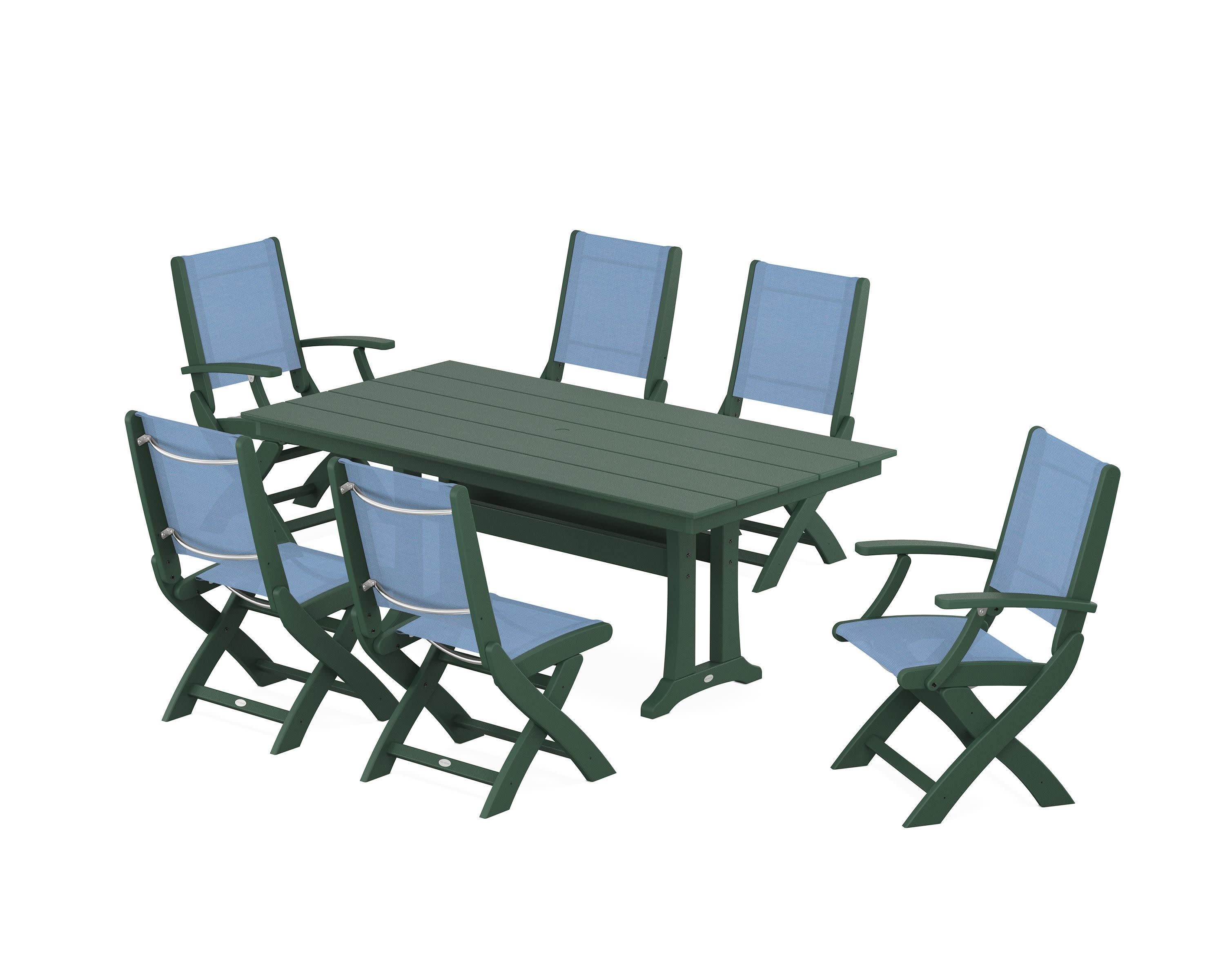 Coastal Folding Chair 7-Piece Farmhouse Dining Set with Trestle Legs in Green / Poolside Sling