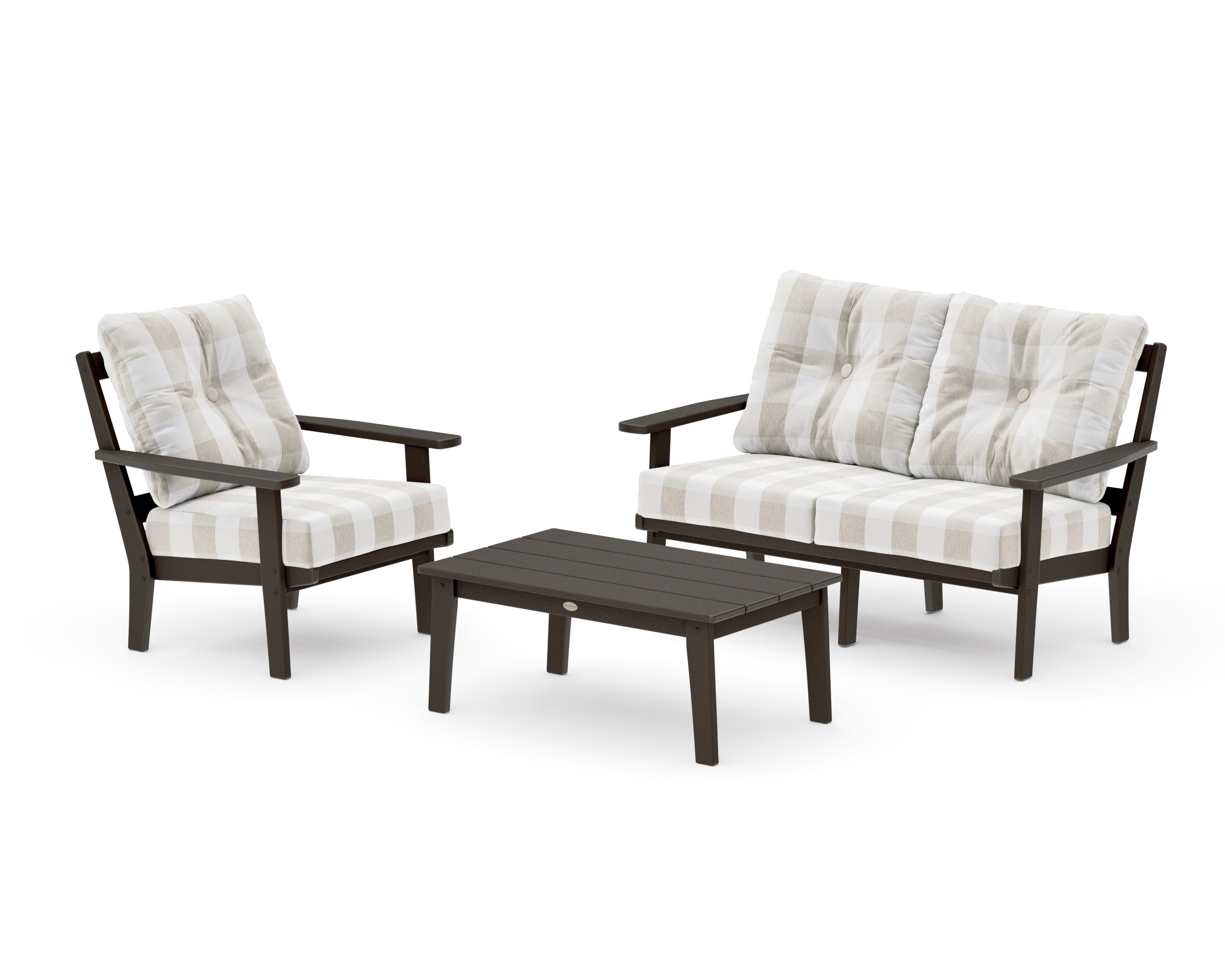 Oxford 3-Piece Deep Seating Set with Loveseat in Vintage Coffee / Buffalo Plaid Dune Burlap
