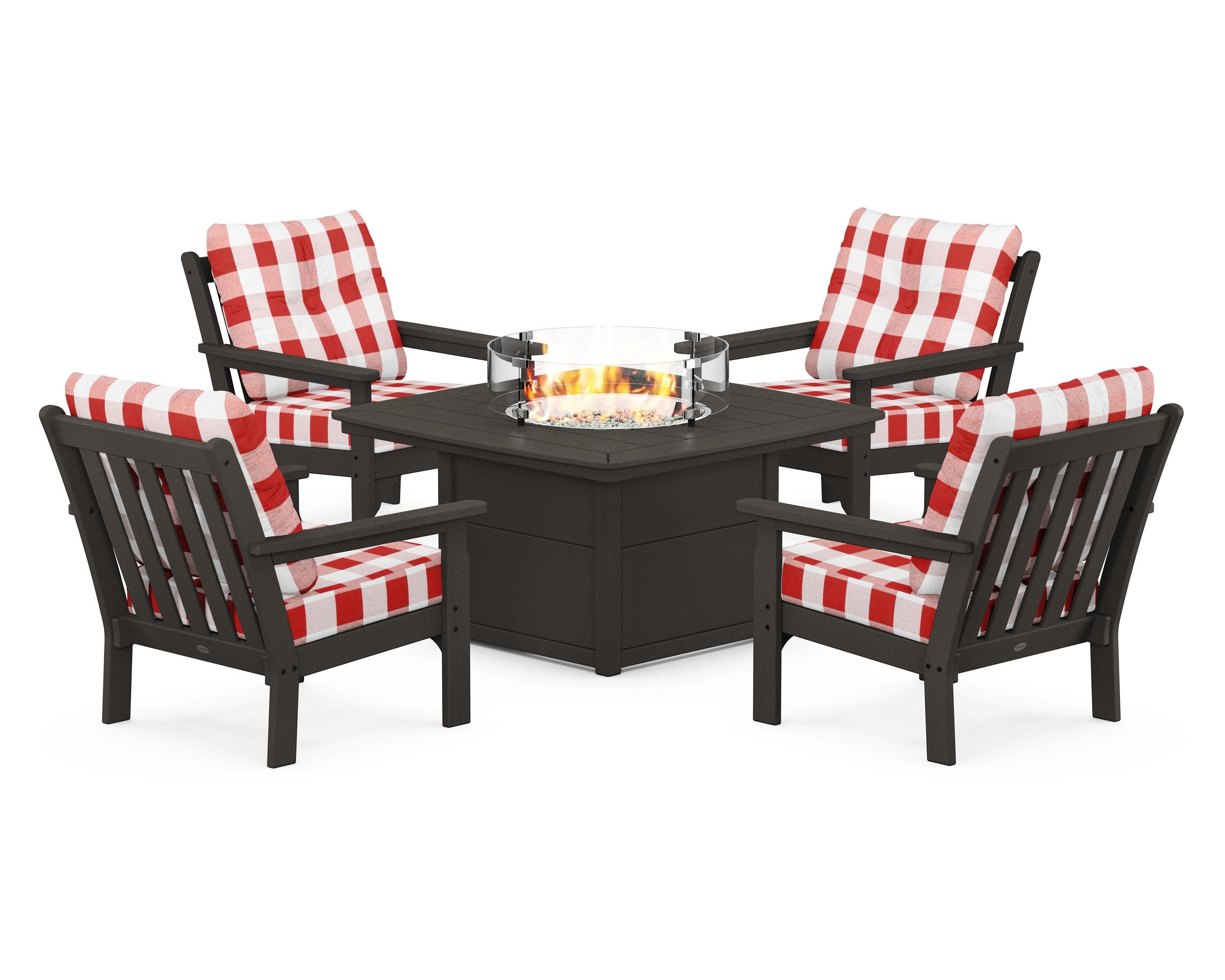Vineyard 5-Piece Conversation Set with Fire Pit Table in Vintage Coffee / Buffalo Plaid Crimson