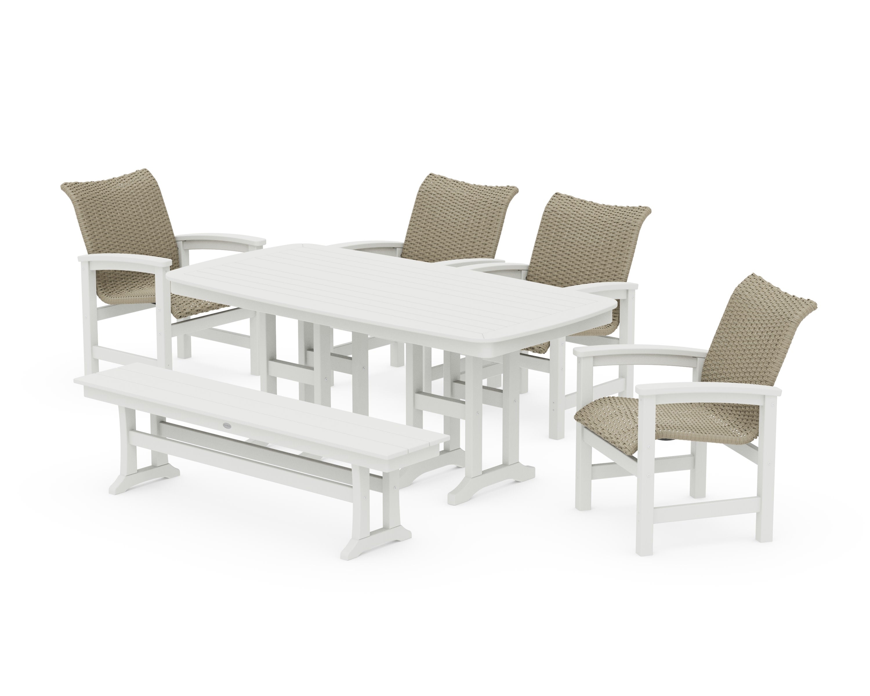 Coastal Woven 6-Piece Farmhouse Dining Set with Bench in White / Dune Grass