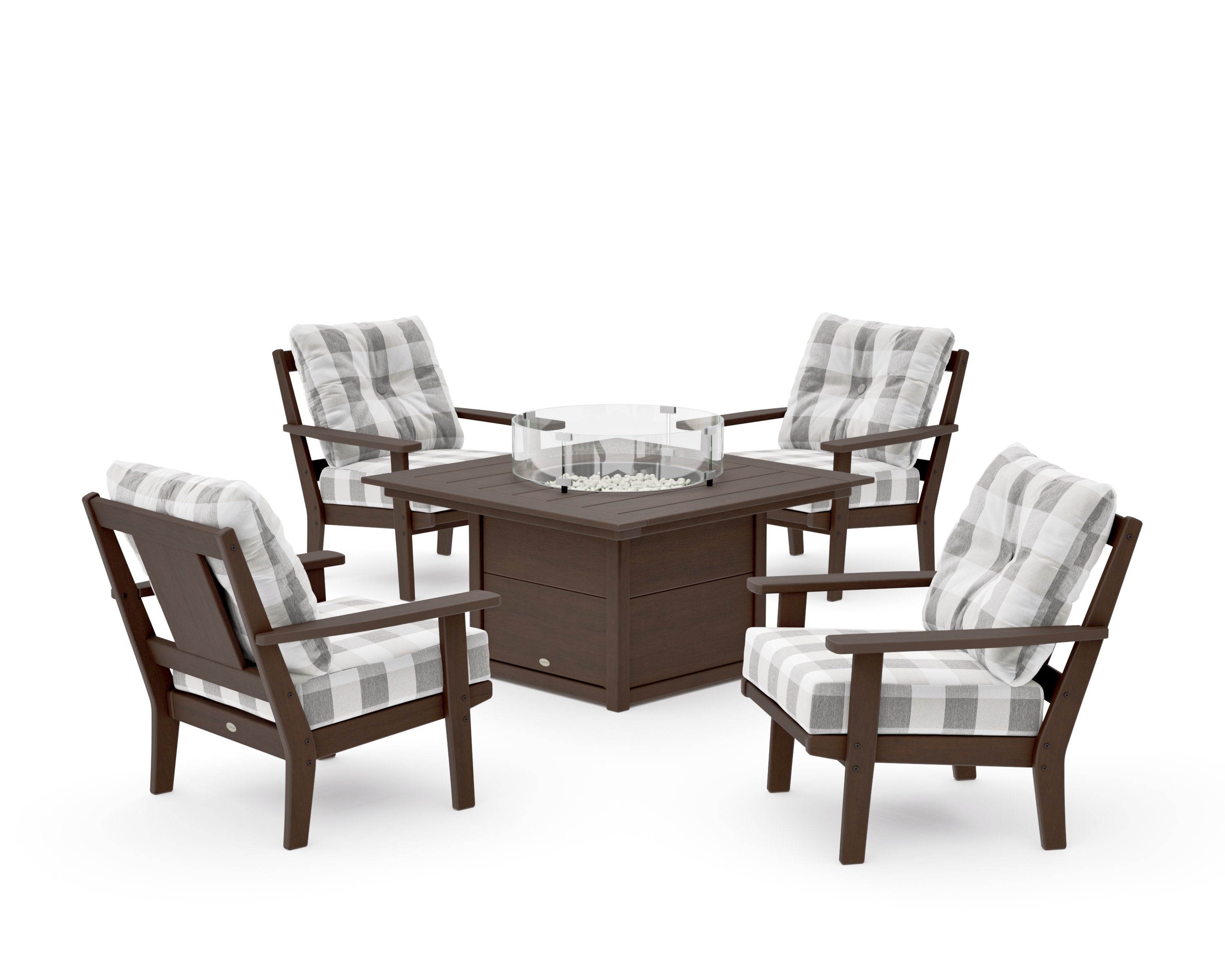 Prairie 5-Piece Deep Seating Set with Fire Pit Table in Kona / Buffalo Plaid Grey Mist