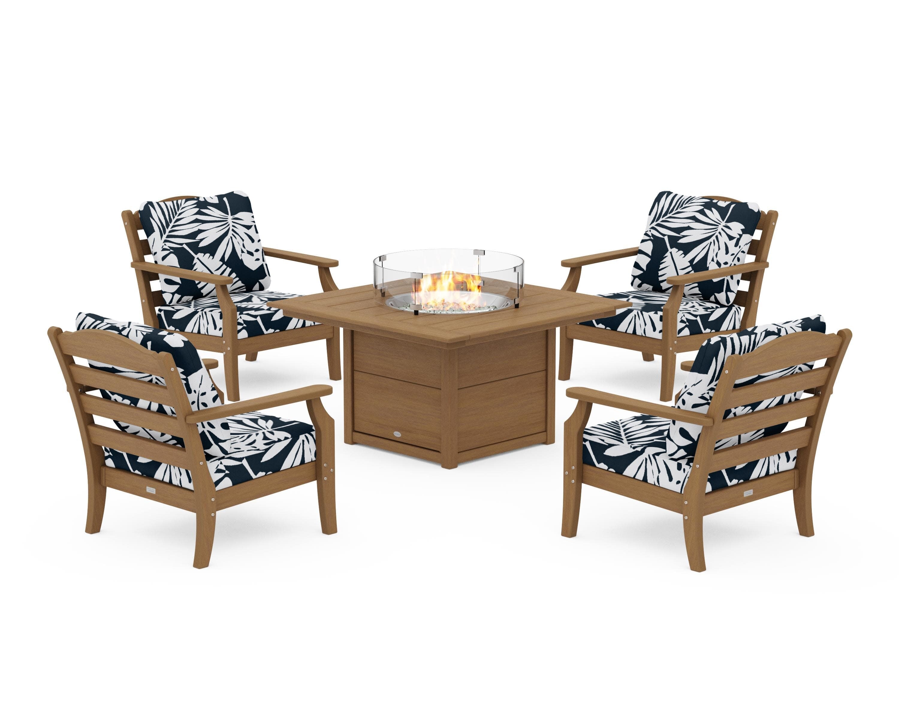Savannah 5-Piece Deep Seating Set with Fire Pit Table in Natural / Leaf Marine Indigo