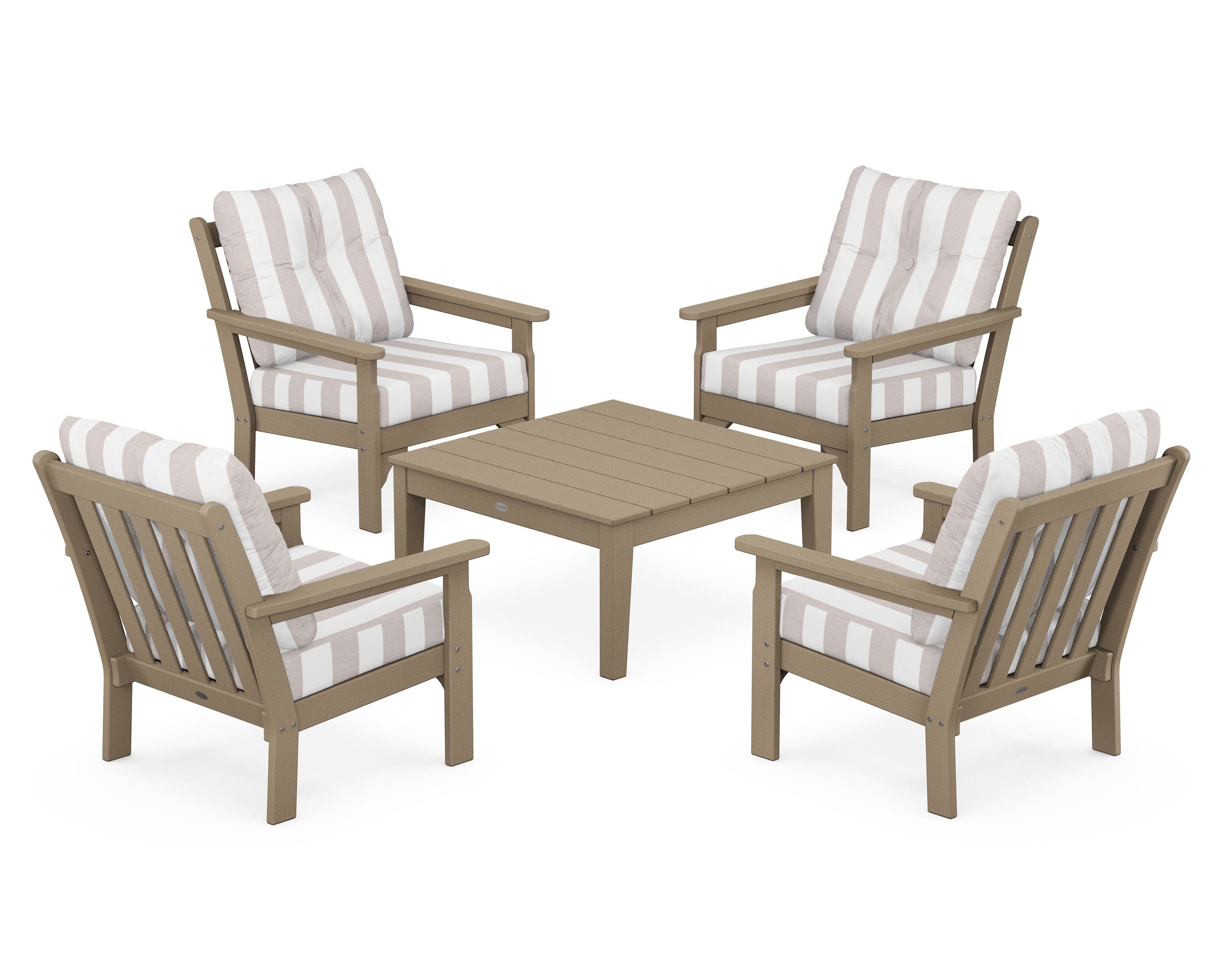 Vineyard 5-Piece Deep Seating Conversation Set in Vintage Sahara / Cabana Stripe Dune Burlap