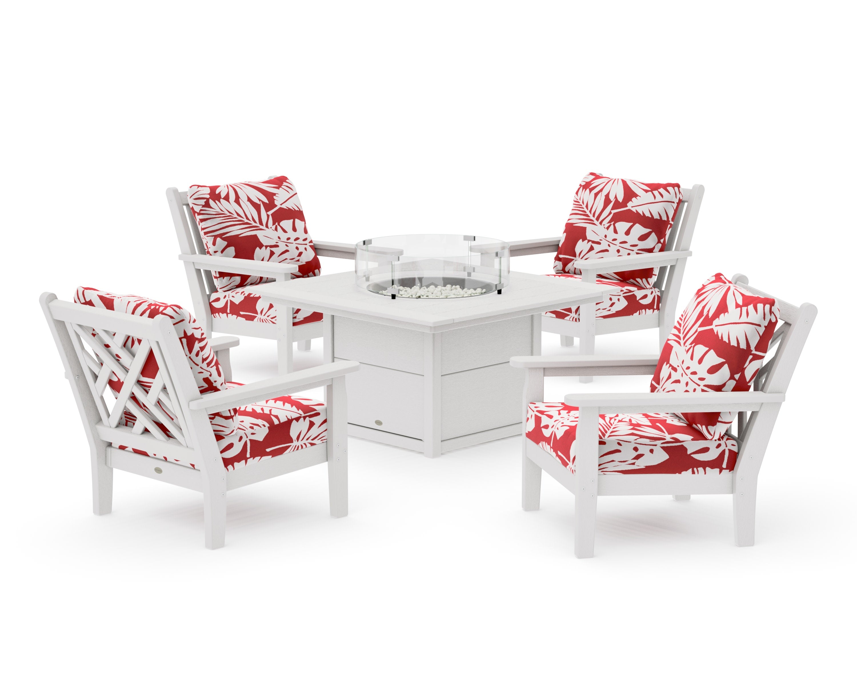 Chippendale 5-Piece Deep Seating Set with Fire Pit Table in Vintage White / Leaf Crimson