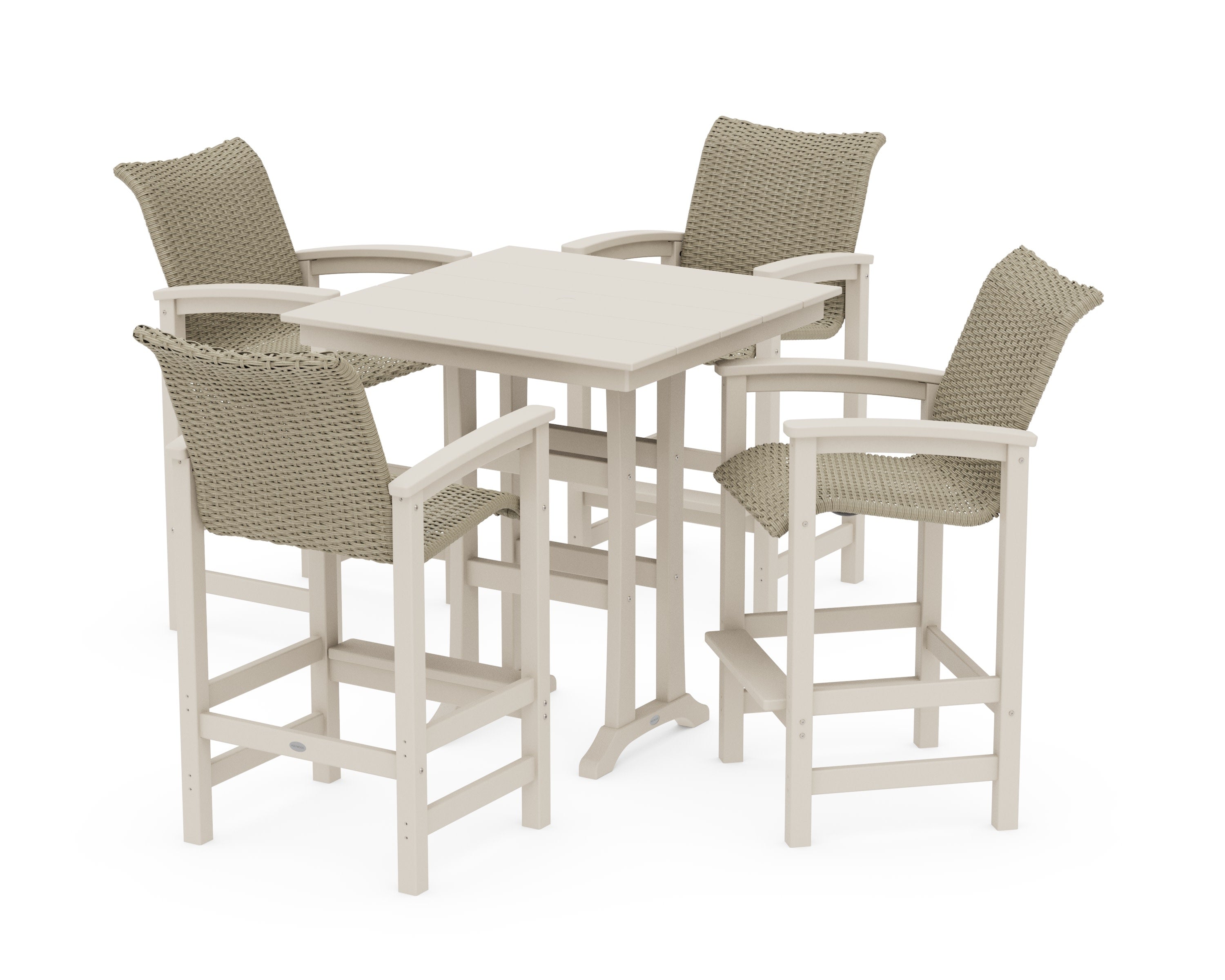Coastal Woven 5-Piece Farmhouse Bar Set with Trestle Legs in Sand / Dune Grass