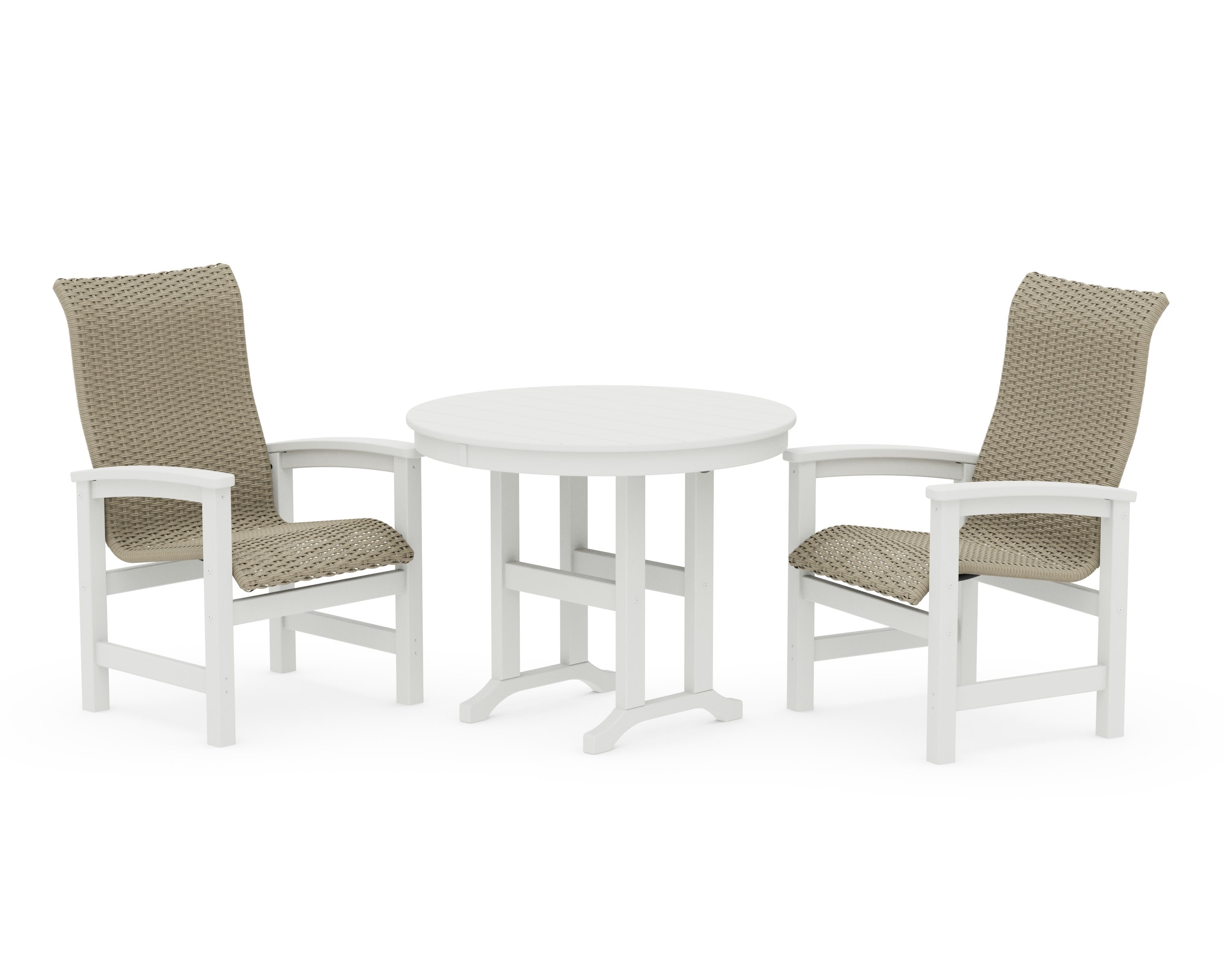 Coastal Woven High-Back 3-Piece Farmhouse Dining Set in Vintage White / Dune Grass