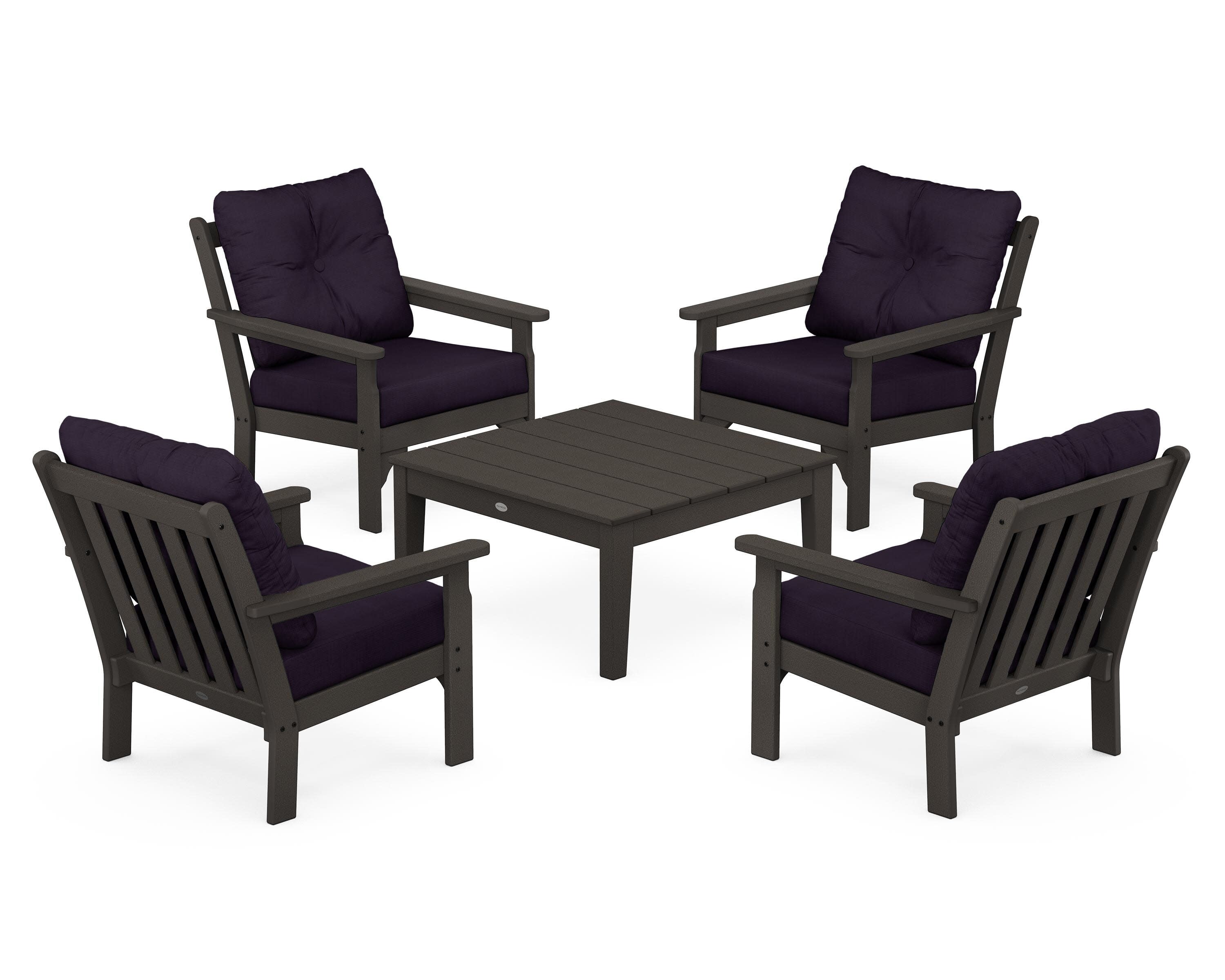 Vineyard 5-Piece Deep Seating Conversation Set in Vintage Coffee / Navy Linen