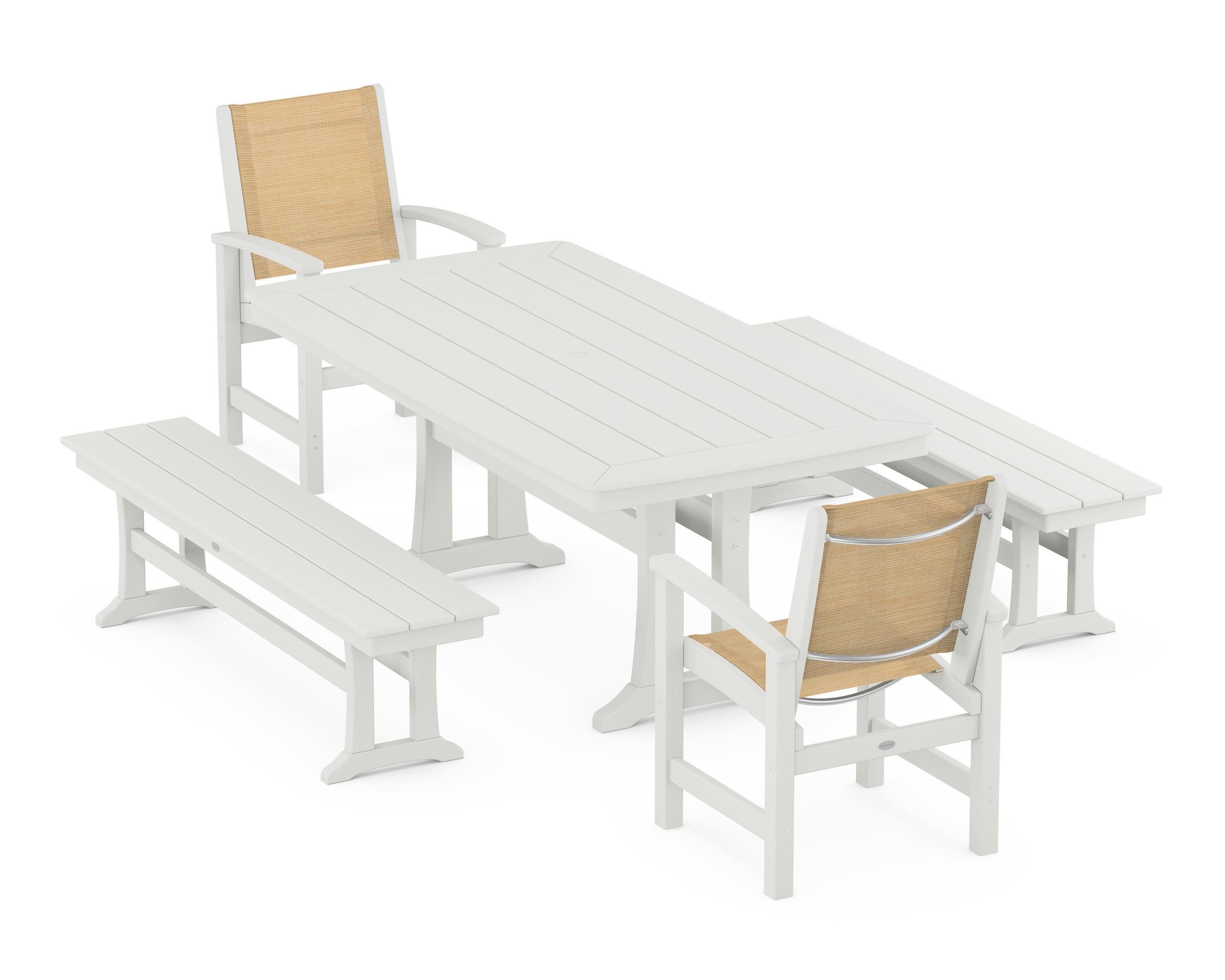 Coastal 5-Piece Dining Set with Trestle Legs and Benches in Vintage White / Dupioni Apricot Sling