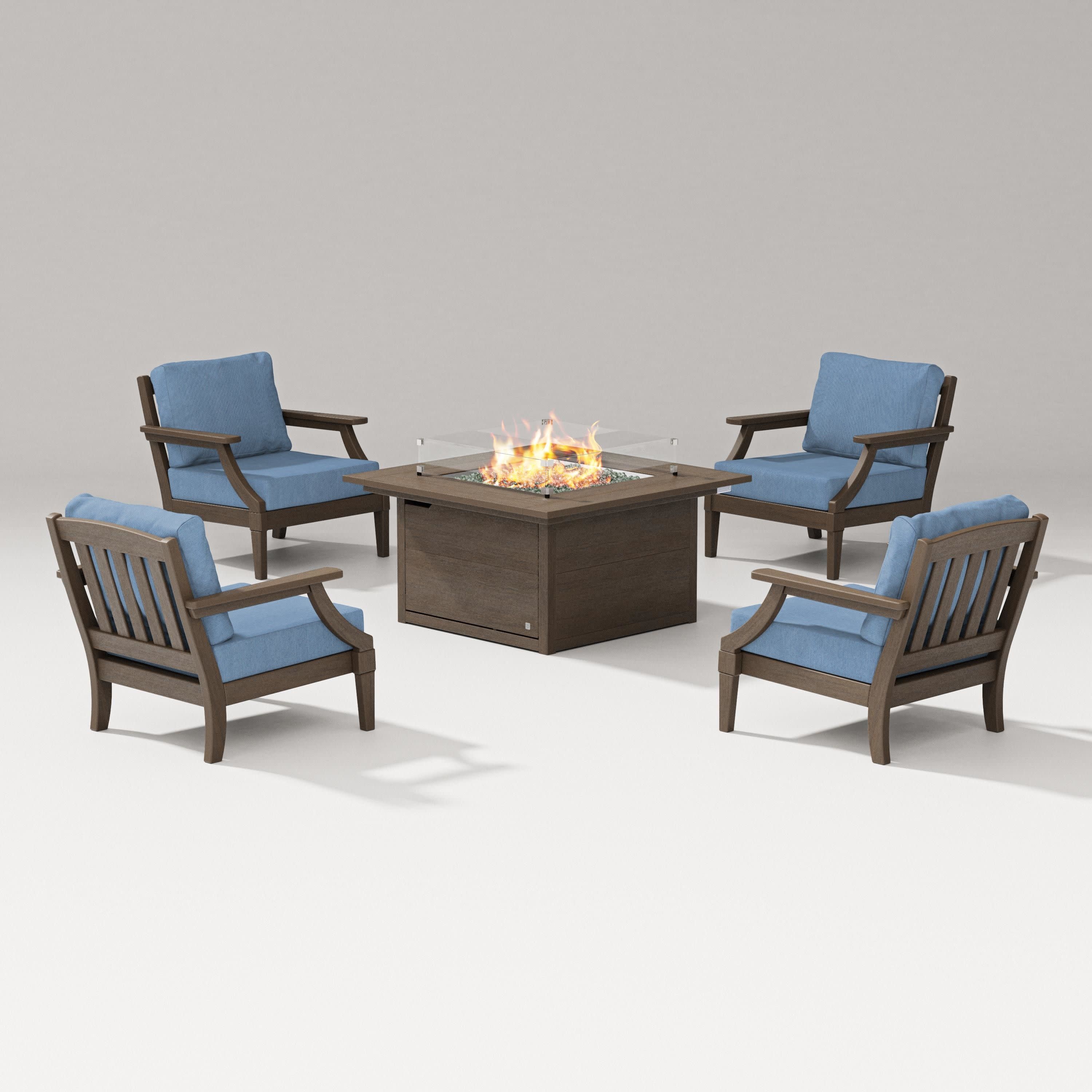 Estate 5-Piece Lounge Fire Table Set in Kona / Sky Blue
