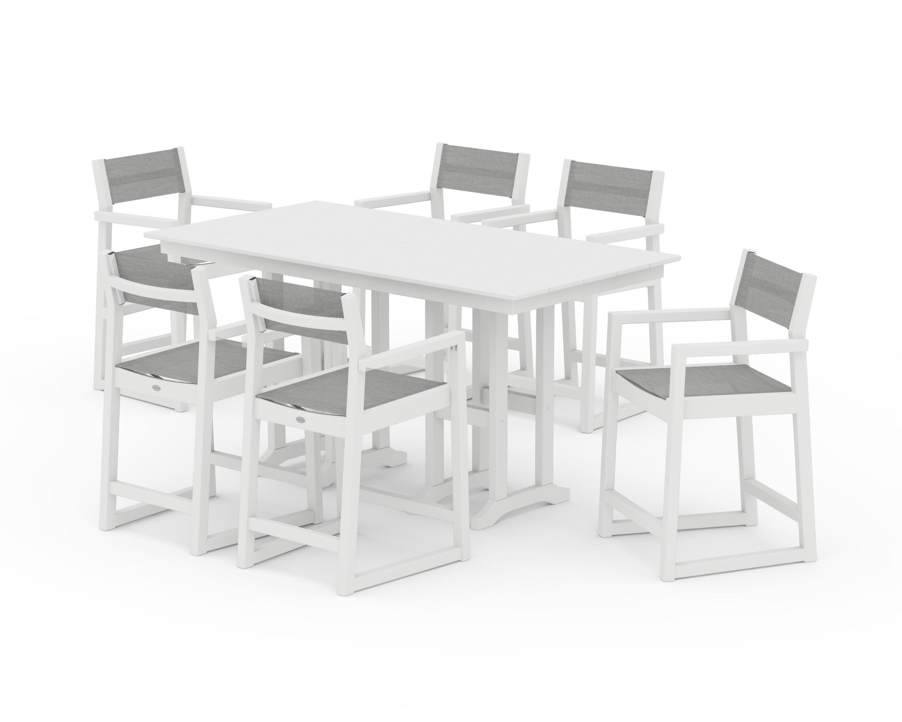EDGE Sling Arm Chair 7-Piece Farmhouse Counter Set in White / Metallic Sling