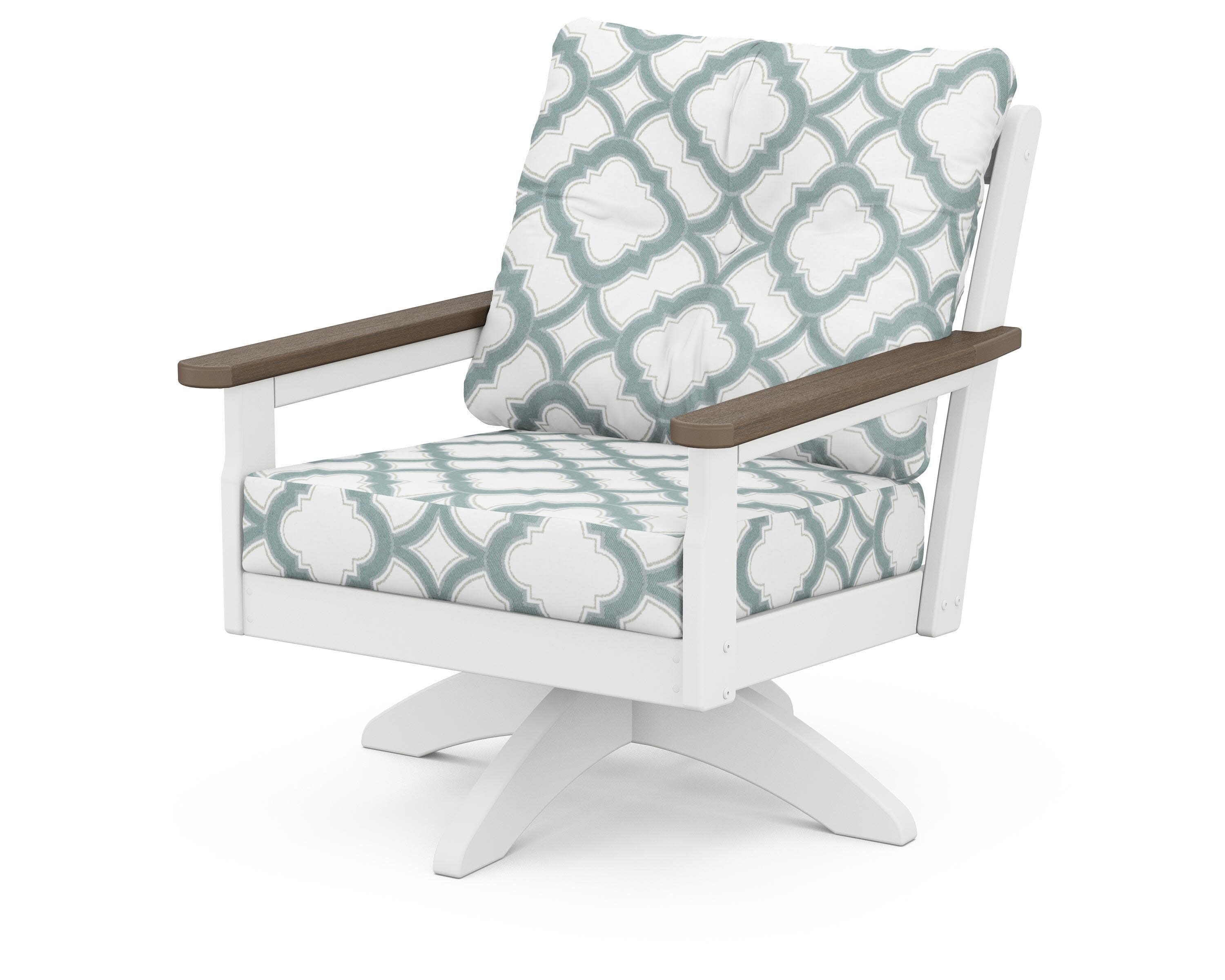 Vineyard Deep Seating Swivel Chair in White / Kona / Trellis Glacier Spa