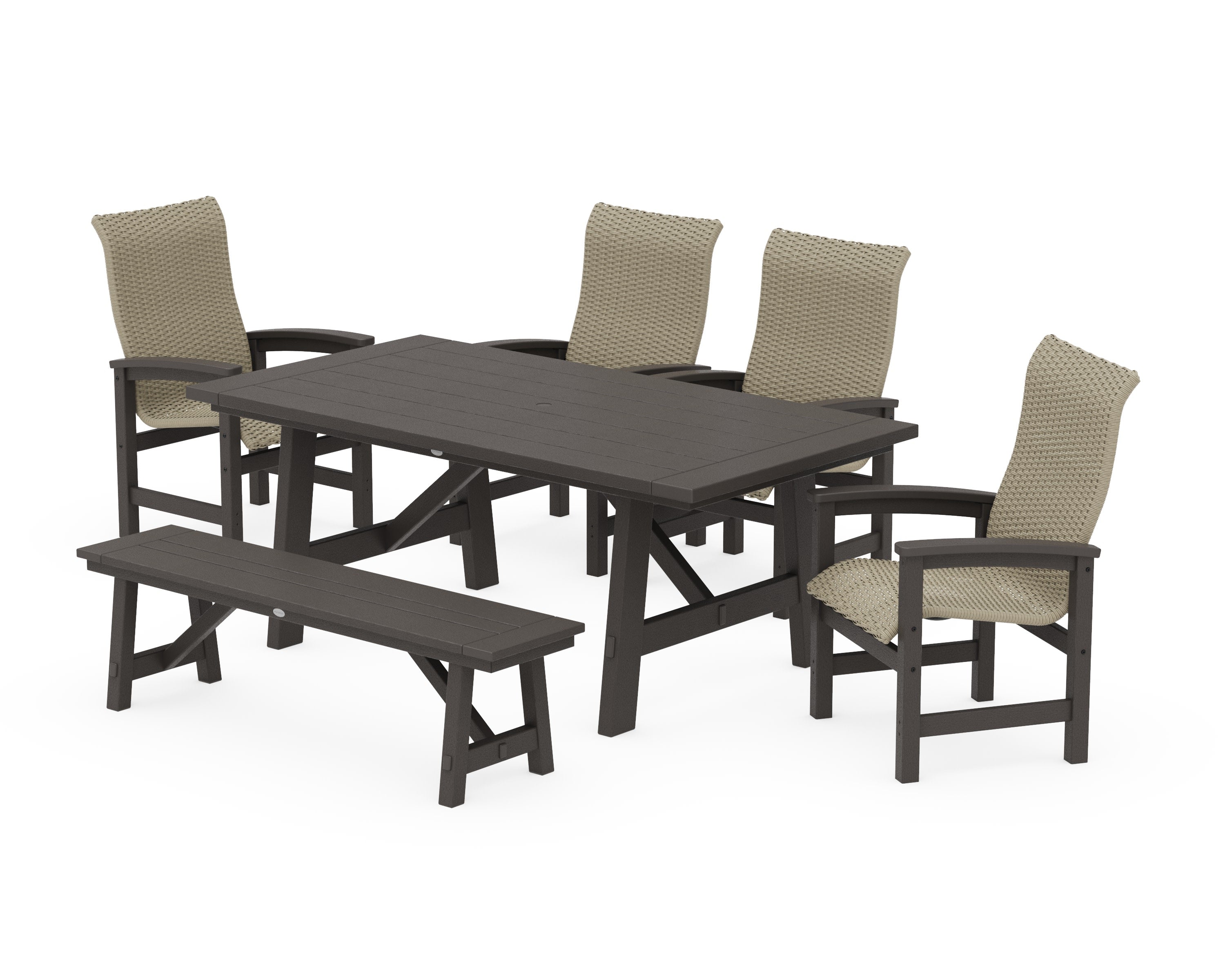 Coastal Woven High-Back 6-Piece Rustic Farmhouse Dining Set with Bench in Vintage Coffee / Dune Grass