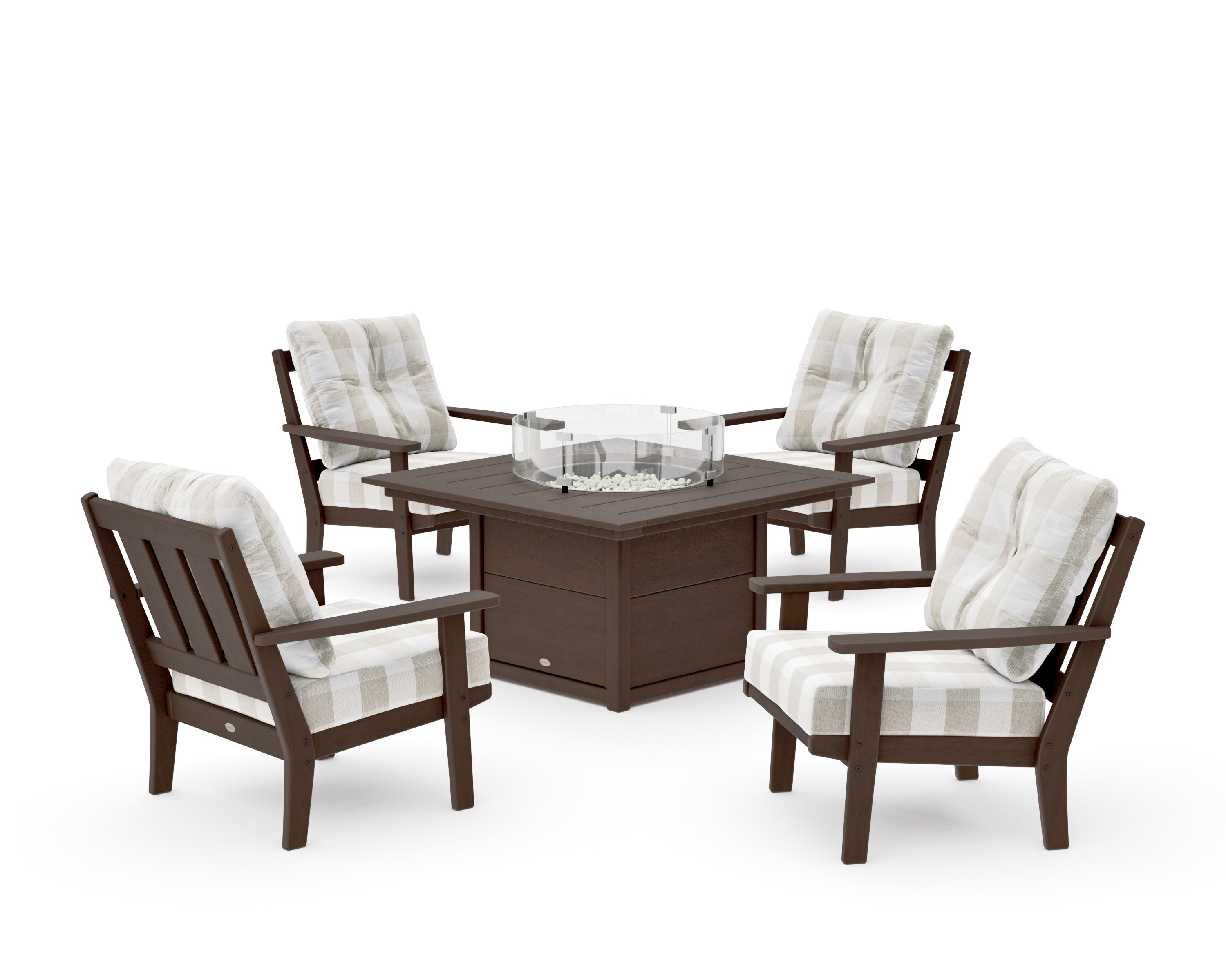 Oxford 5-Piece Deep Seating Set with Fire Pit Table in Kona / Buffalo Plaid Dune Burlap