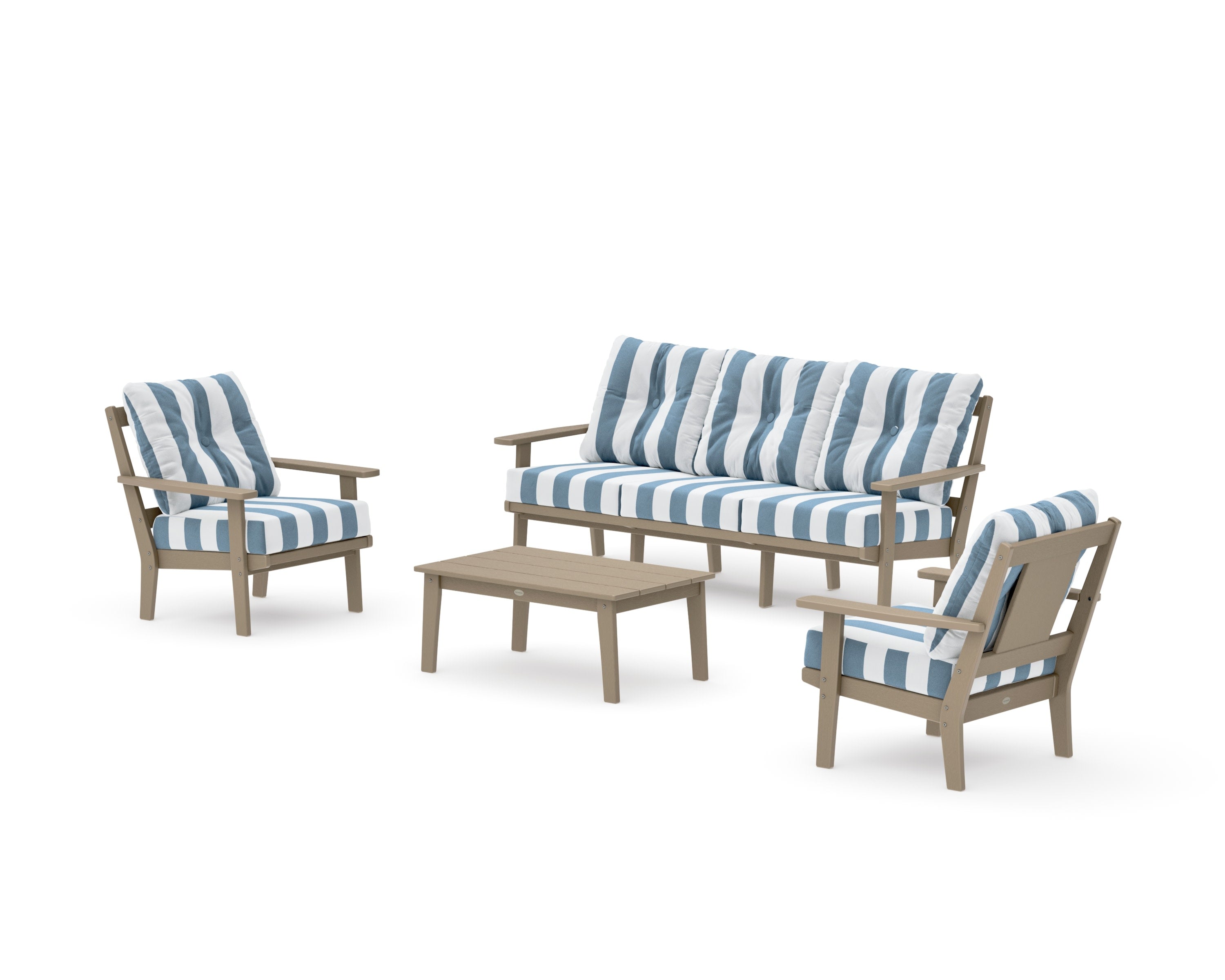 Prairie 4-Piece Deep Seating Set with Sofa in Vintage Sahara / Cabana Stripe Sky Blue