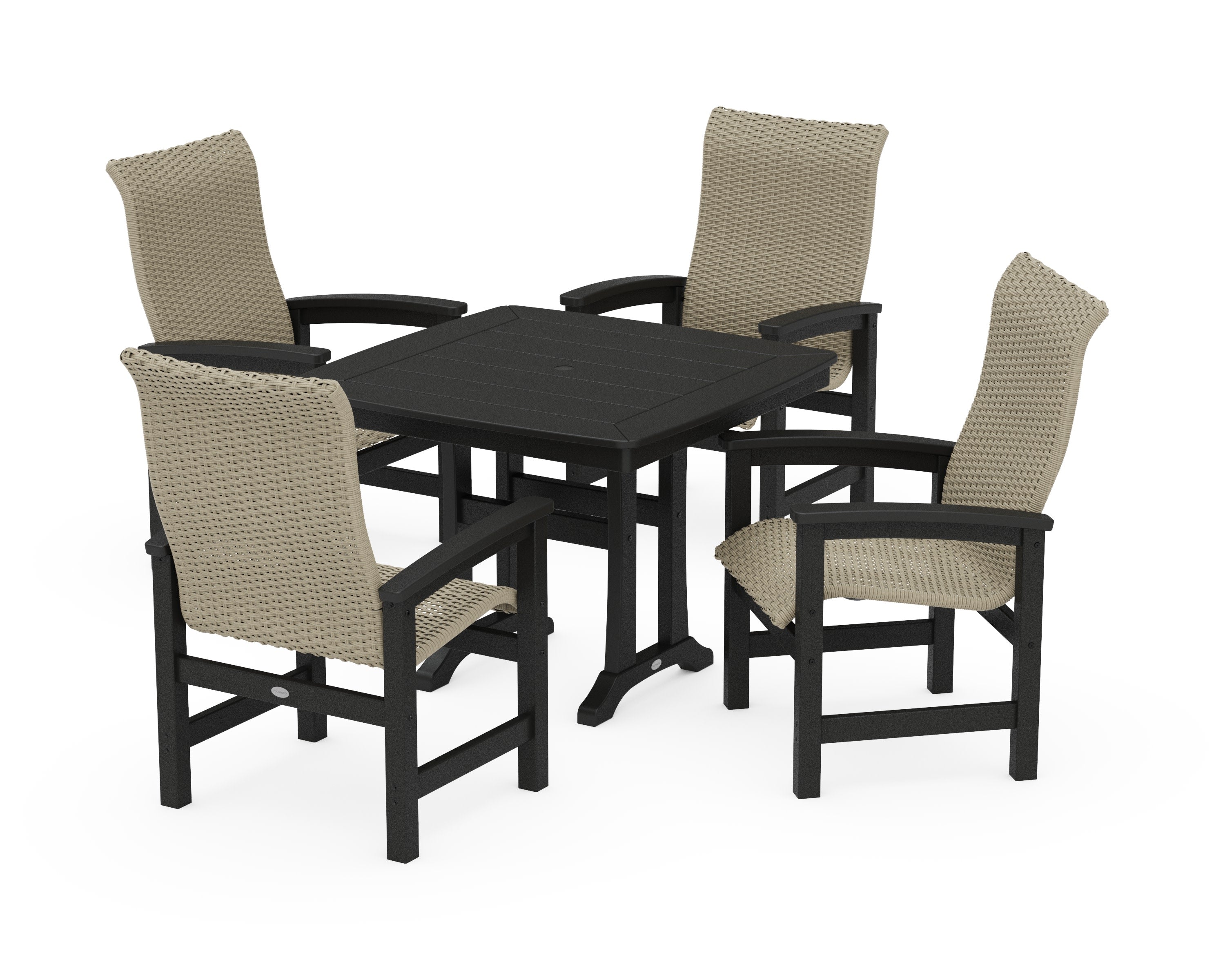 Coastal Woven High-Back 5-Piece Dining Set with Trestle Legs in Black / Dune Grass