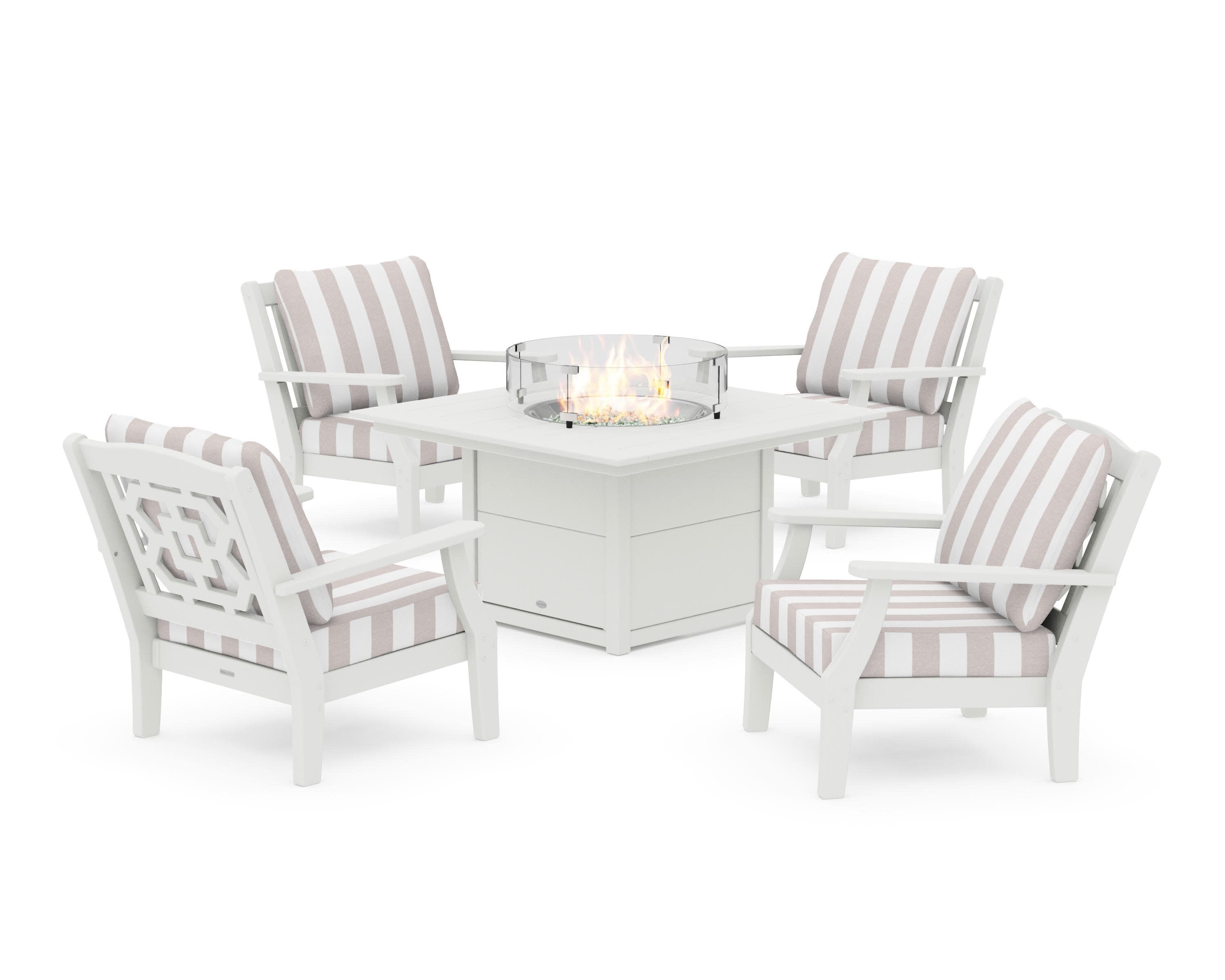 Chinoiserie 5-Piece Deep Seating Set with Fire Pit Table in Vintage White / Cabana Stripe Dune Burlap
