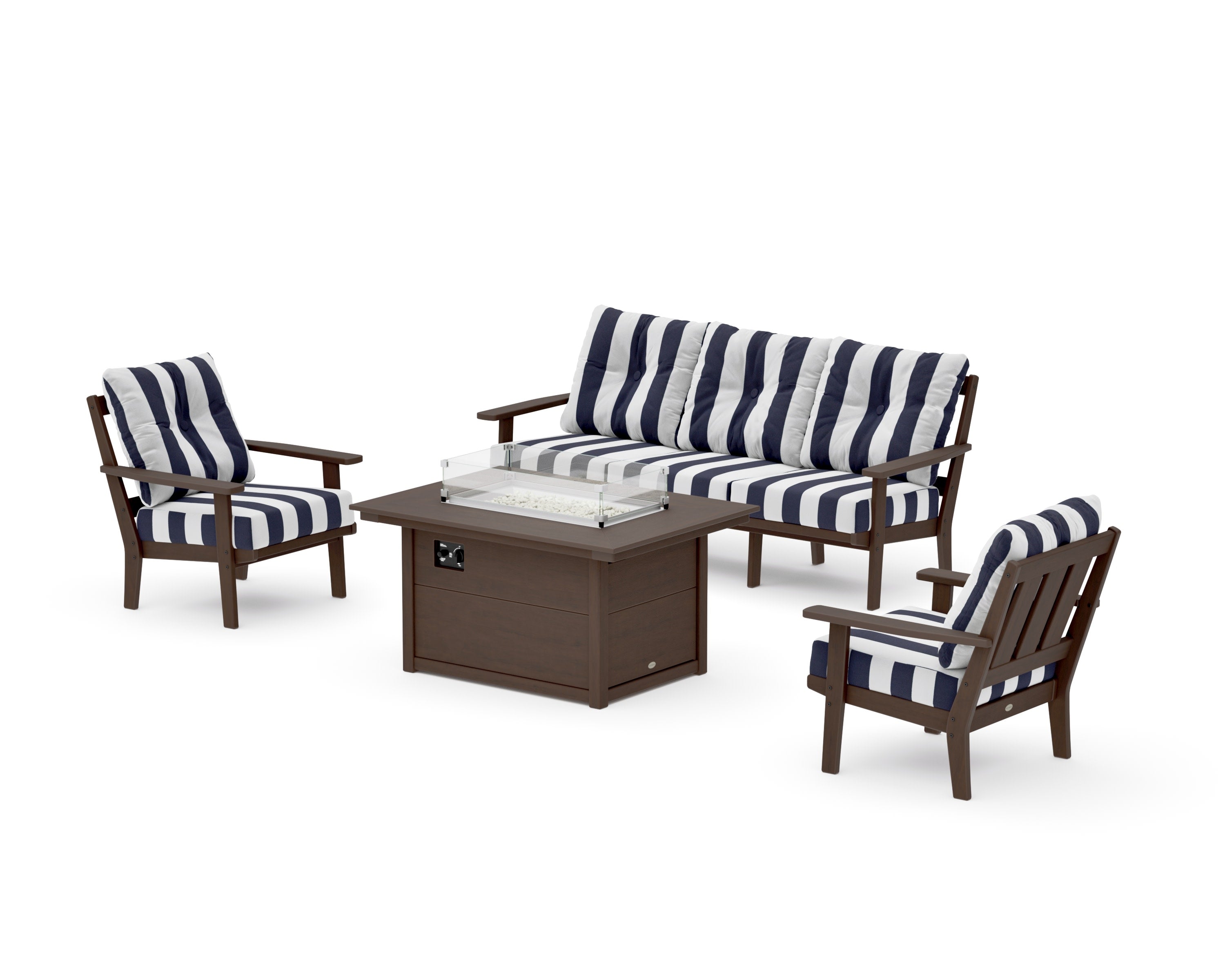 Oxford Deep Seating Fire Pit Table Set in Kona / Cabana Stripe Navy