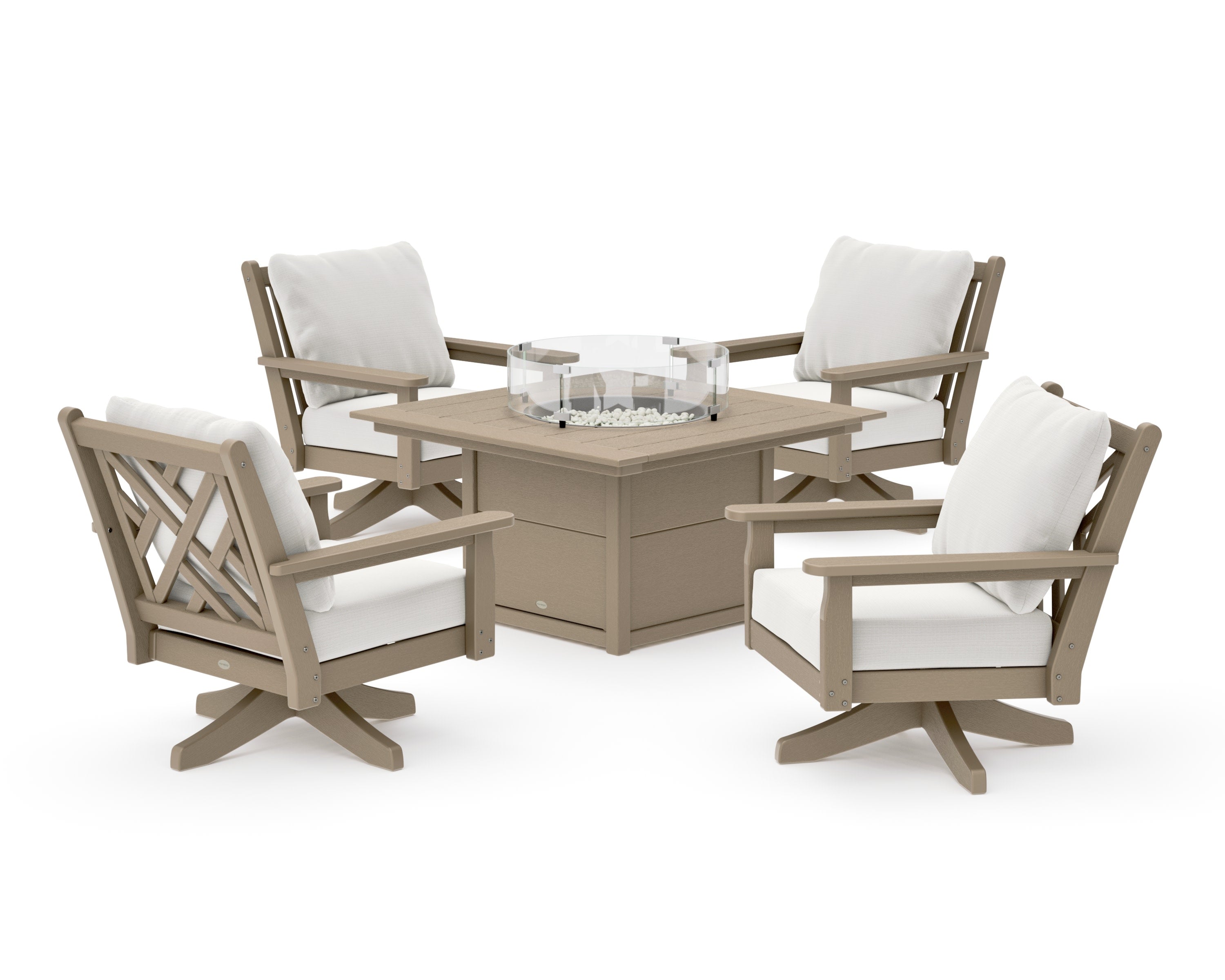 Chippendale 5-Piece Deep Seating Swivel Conversation Set with Fire Pit Table in Vintage Sahara / Natural Linen