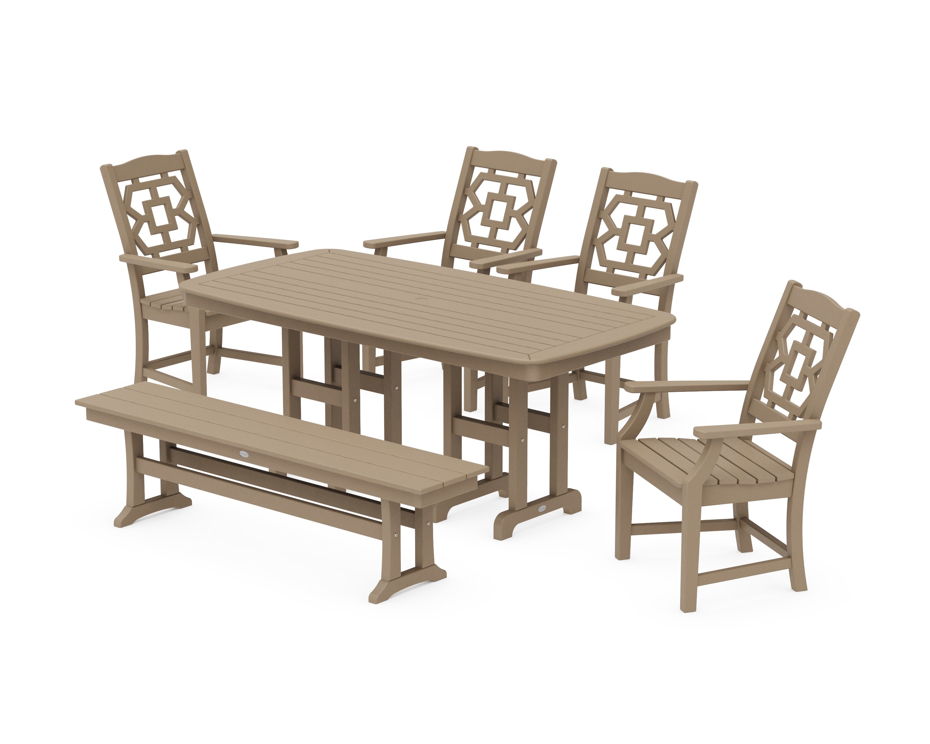 Chinoiserie 6-Piece Dining Set with Bench in Vintage Sahara