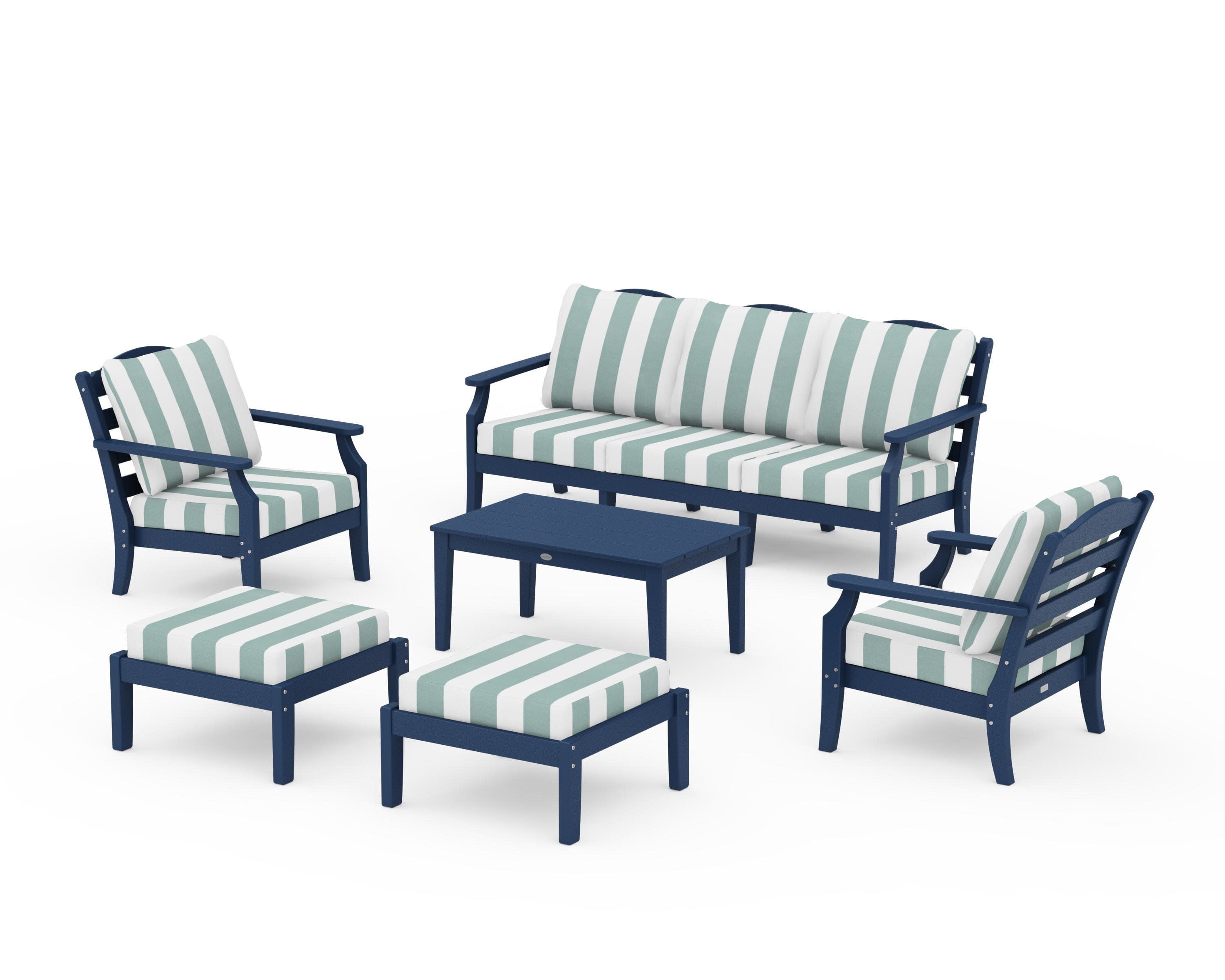 Savannah 6-Piece Lounge Sofa Set in Navy / Cabana Stripe Glacier Spa