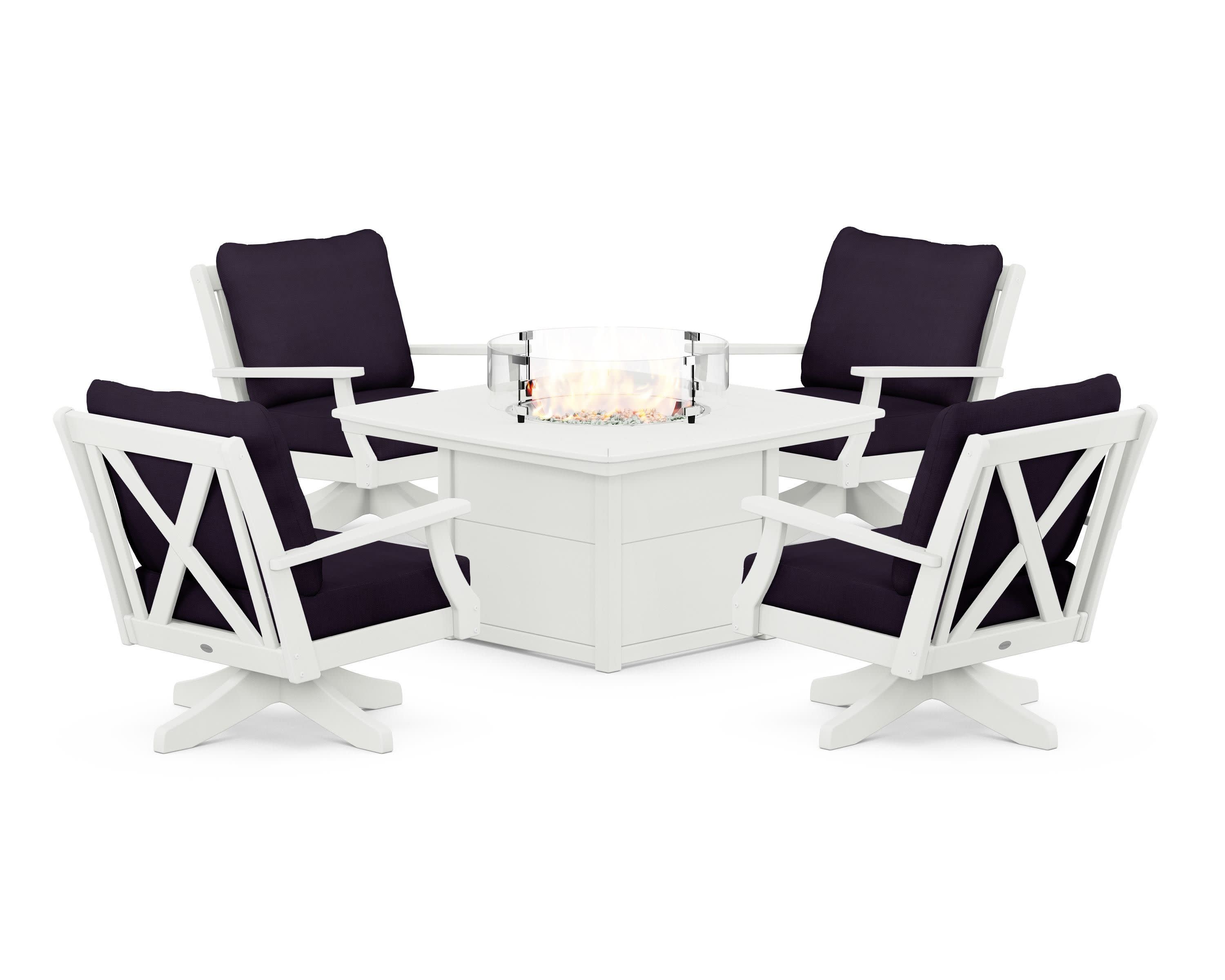 Braxton 5-Piece Deep Seating Swivel Conversation Set with Fire Pit Table in Vintage White / Navy Linen