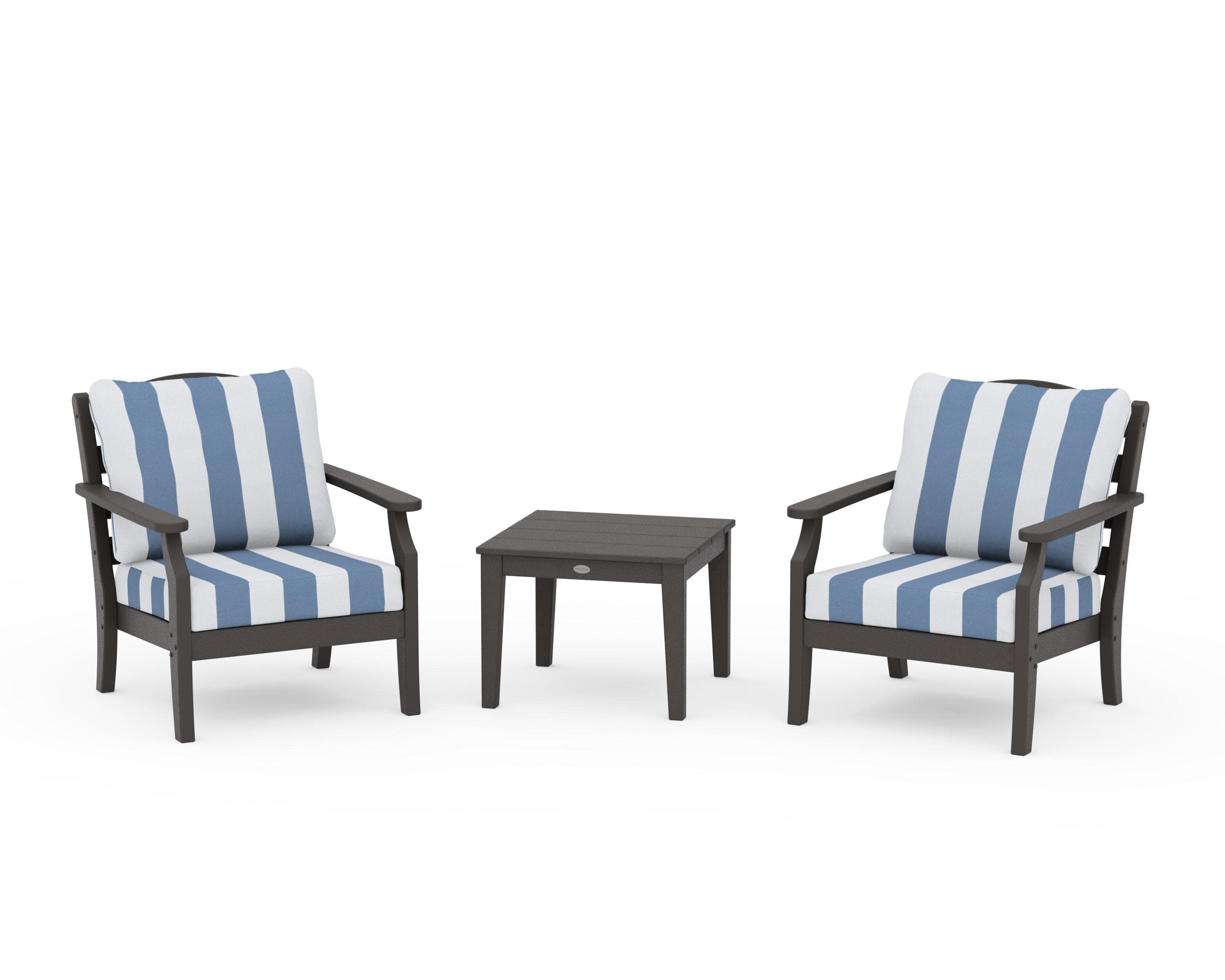 Savannah 3-Piece Deep Seating Set in Vintage Coffee / Cabana Stripe Sky Blue