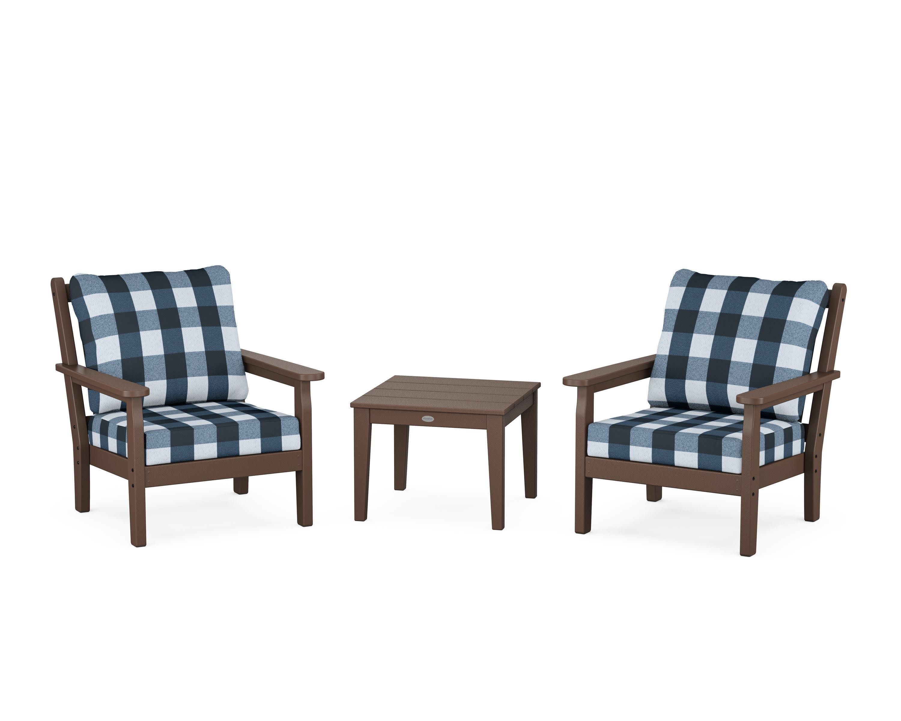 Chippendale 3-Piece Deep Seating Set in Mahogany / Buffalo Plaid Marine Indigo
