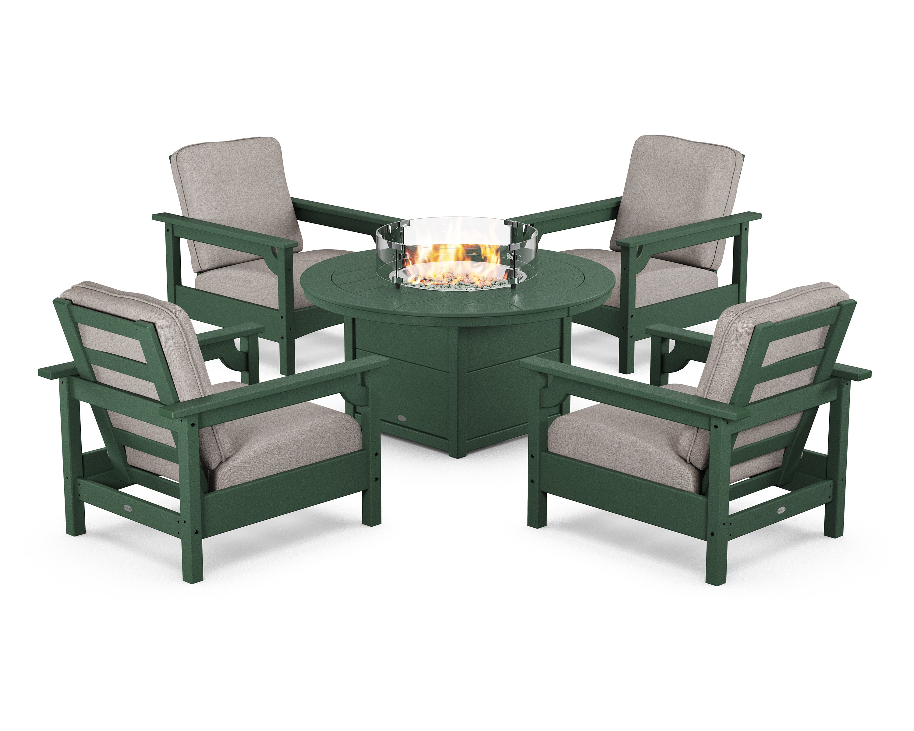 Club 5-Piece Conversation Set with Fire Pit Table in Green / Weathered Tweed