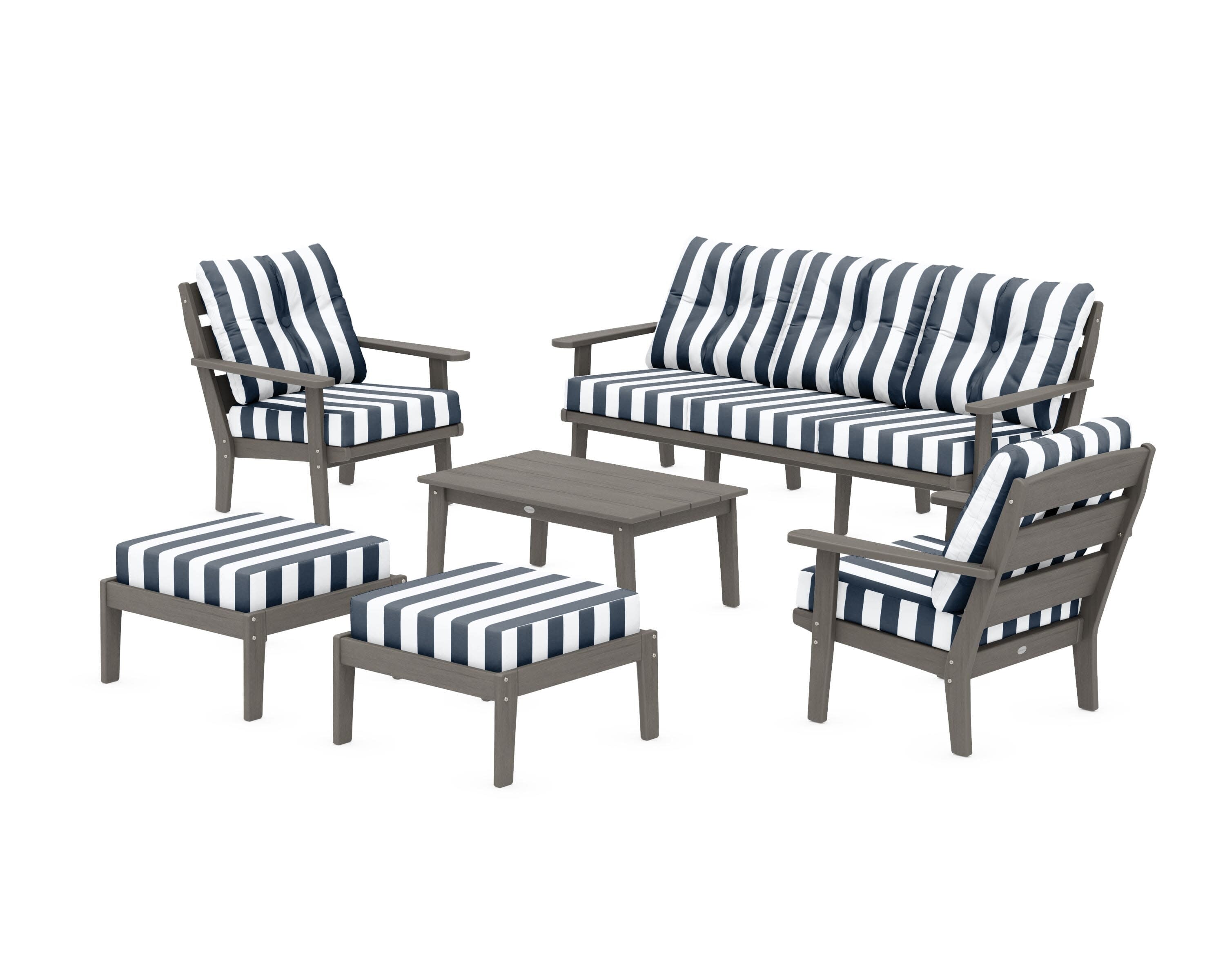 Lakeside 6-Piece Lounge Sofa Set in Driftwood / Cabana Stripe Marine Indigo