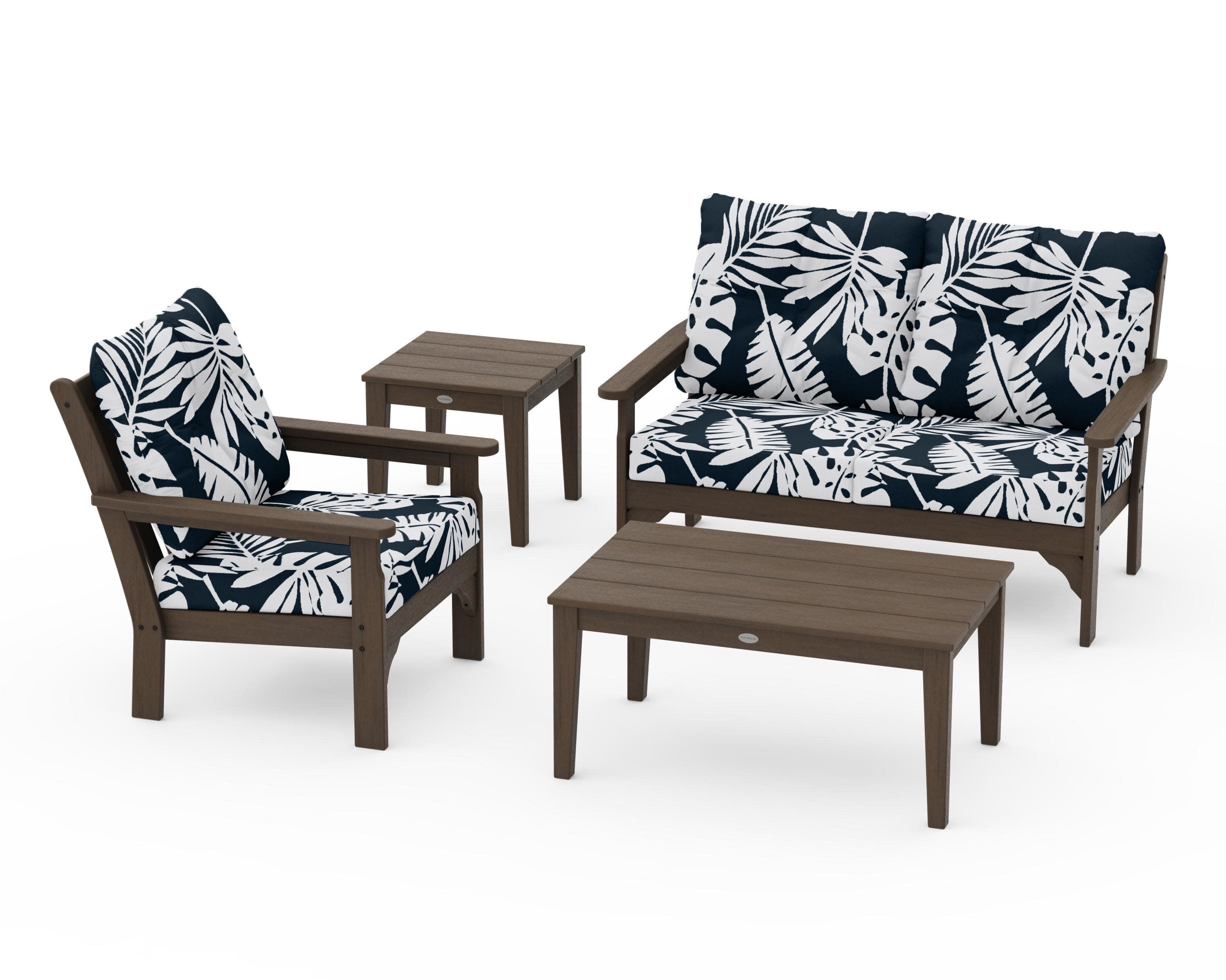 Vineyard 4-Piece Deep Seating Set in Kona / Leaf Marine Indigo